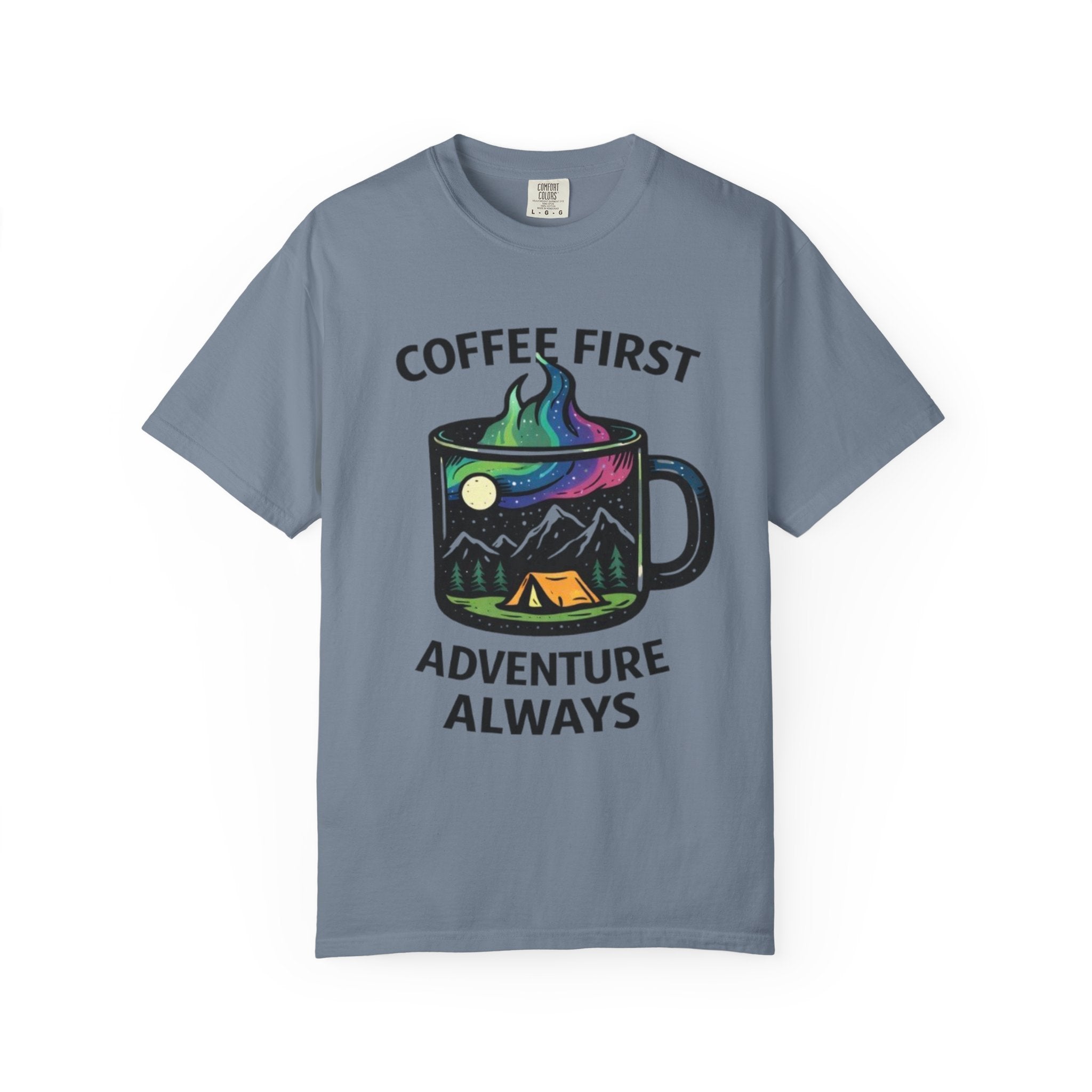 Coffee First Adventure Always T-Shirt | Camping Mug Mountain Design