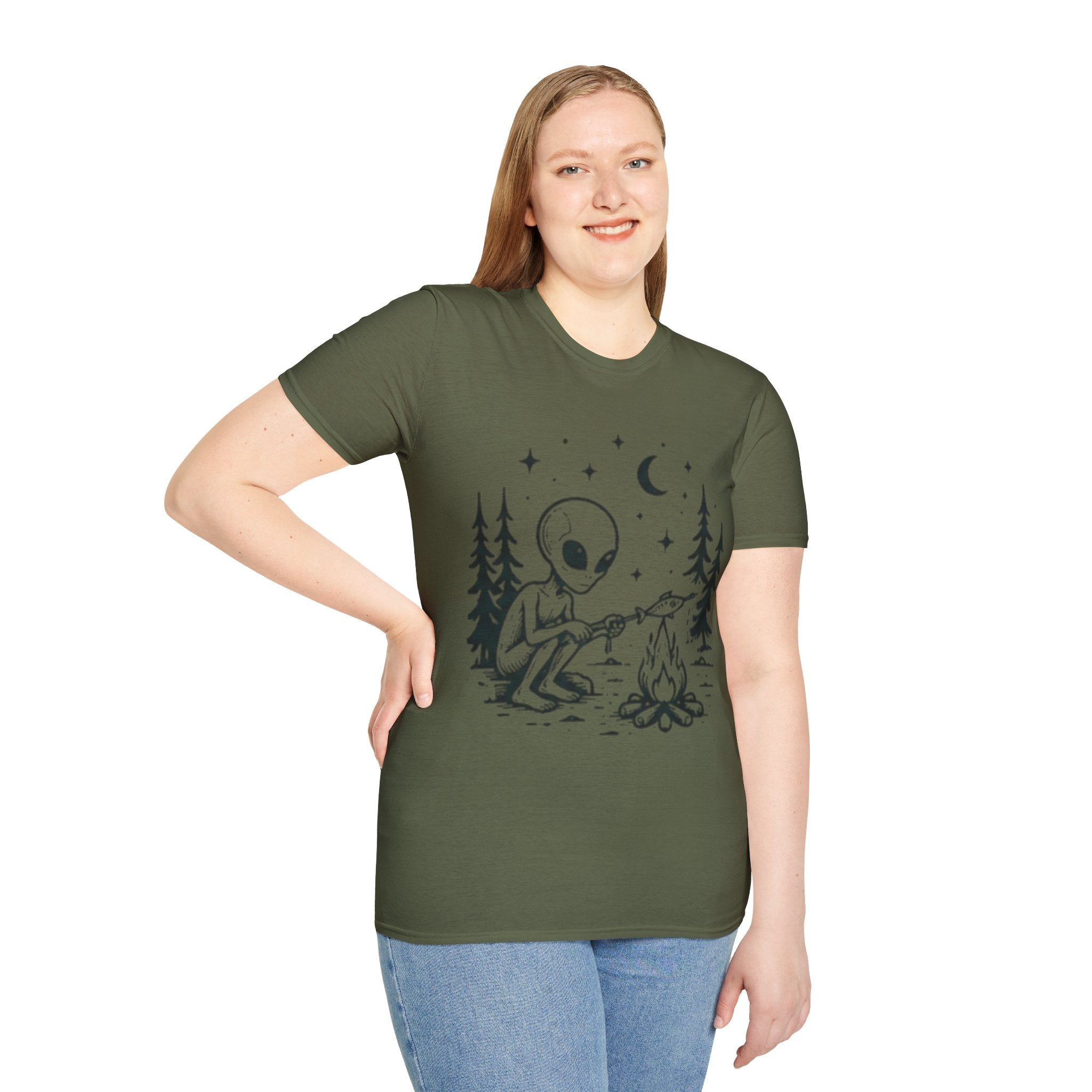 Alien Camping T-Shirt | Cute Space Alien Roasting Fish Graphic Tee