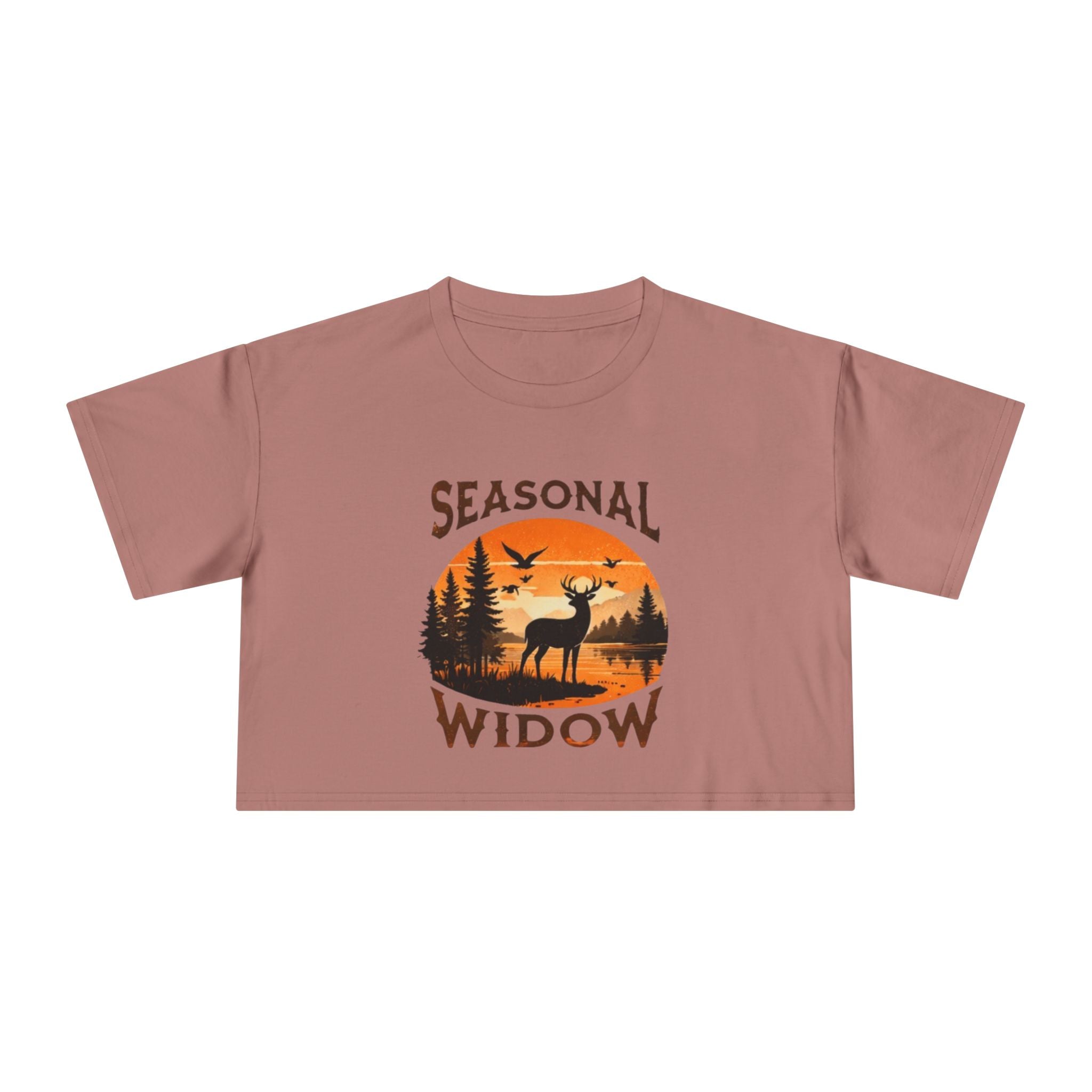 Seasonal Widow Crop Tee | Autumn Hunting Deer Sunset Graphic
