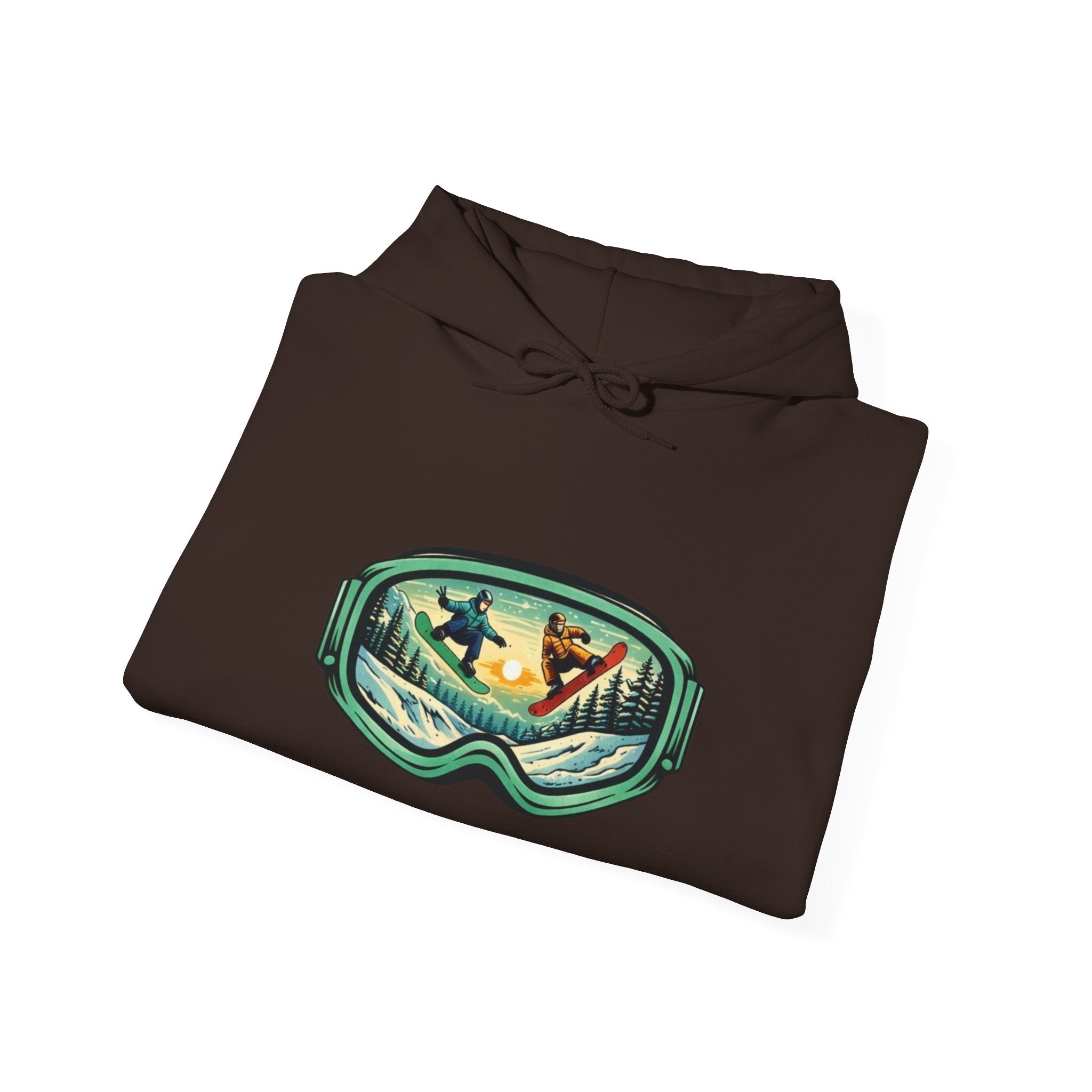 Snowboard Goggles Graphic Hoodie | Winter Mountain Sunset Scene