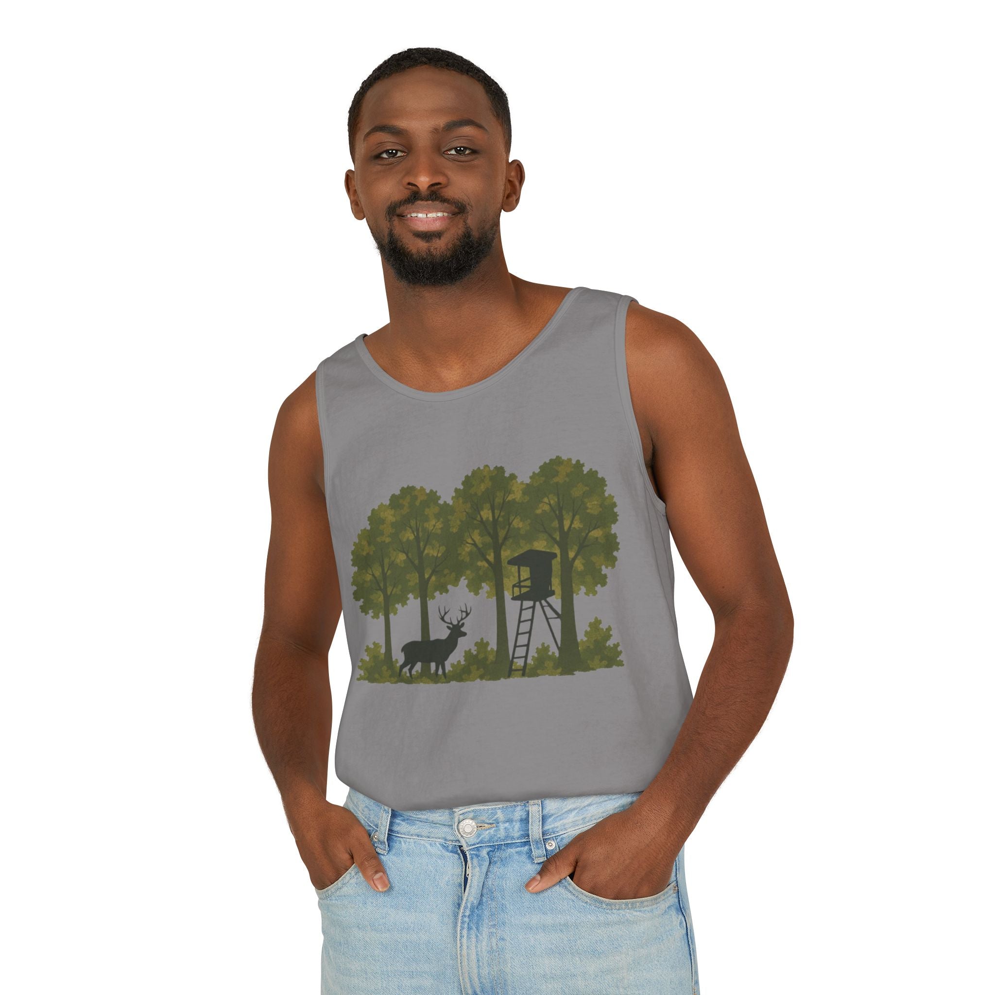 Deer Stand Woodland Tank Top | Hunting Cabin Forest Silhouette