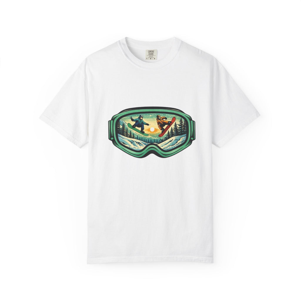Snowboard Goggles Graphic T-Shirt | Mountain Scene with Ride the Ridge Design