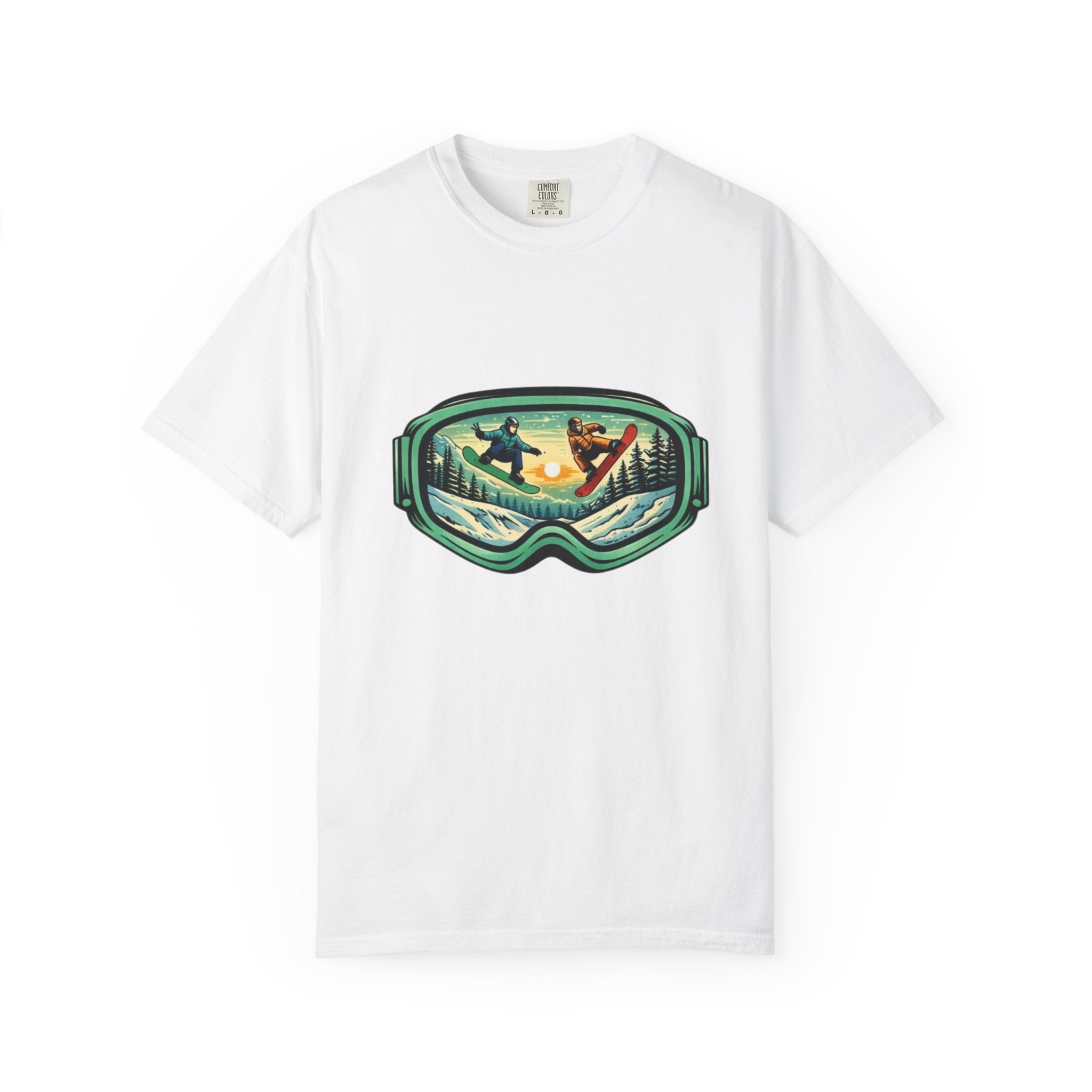 Snowboard Goggles Graphic T-Shirt | Mountain Scene with Ride the Ridge Design
