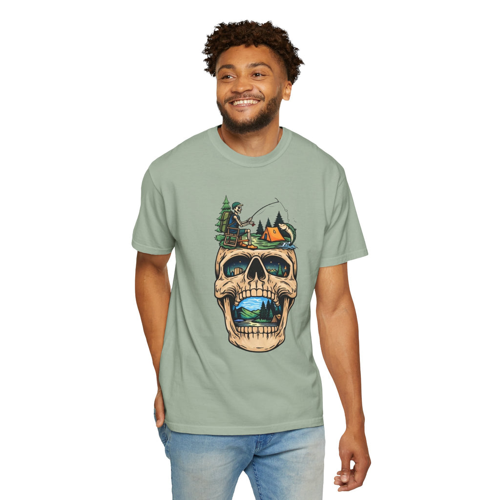 Skull Camping Scene T-shirt | Fishing Camper, Tent & Forest Graphic