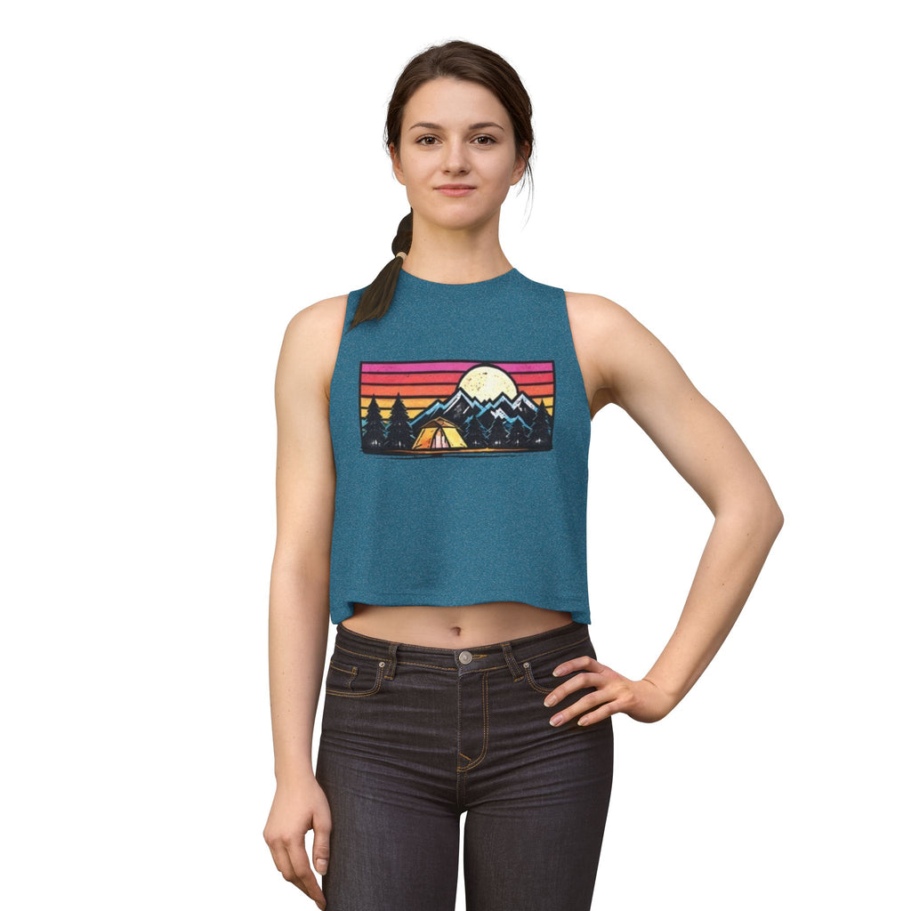Camping Sunset Crop Top | Retro Mountain Tent Graphic