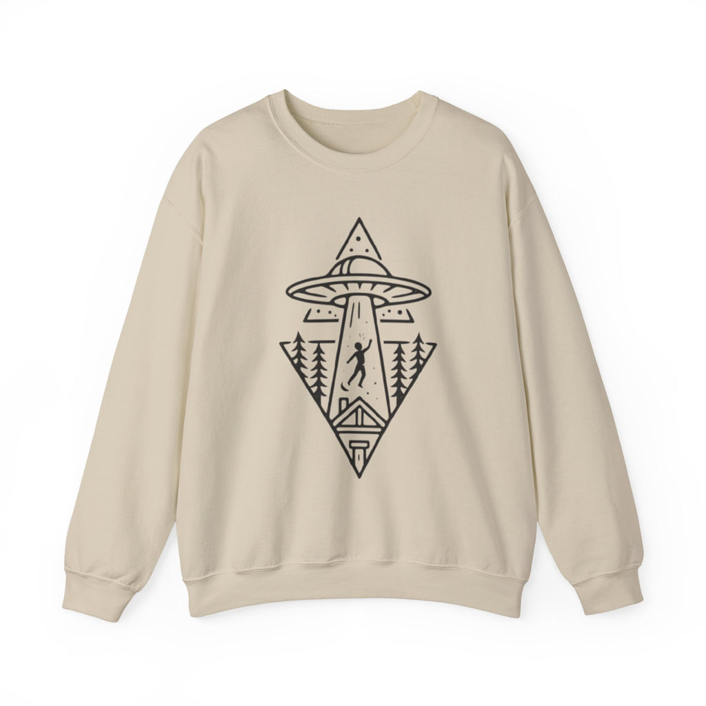 Alien Abduction Crewneck Sweatshirt | Geometric UFO Forest Design