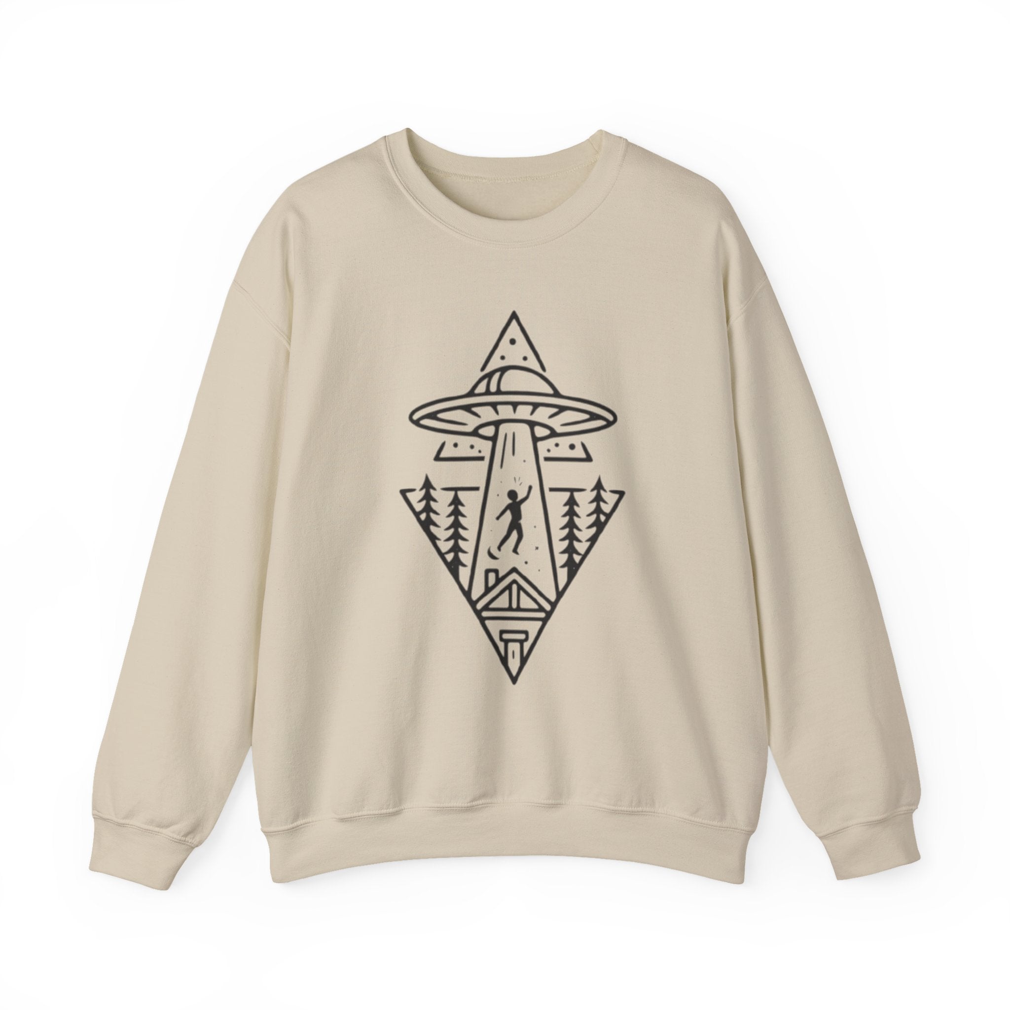 Alien Abduction Crewneck Sweatshirt | Geometric UFO Forest Design