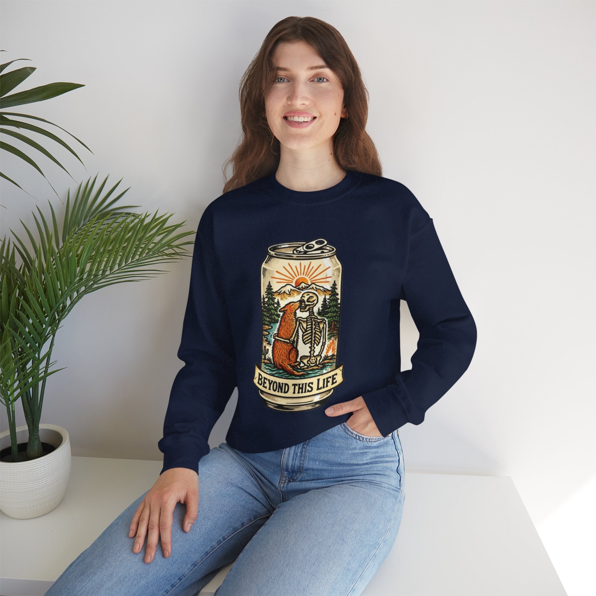 Crewneck Sweatshirt | Beyond This Life Bear & Skeleton Can Graphic