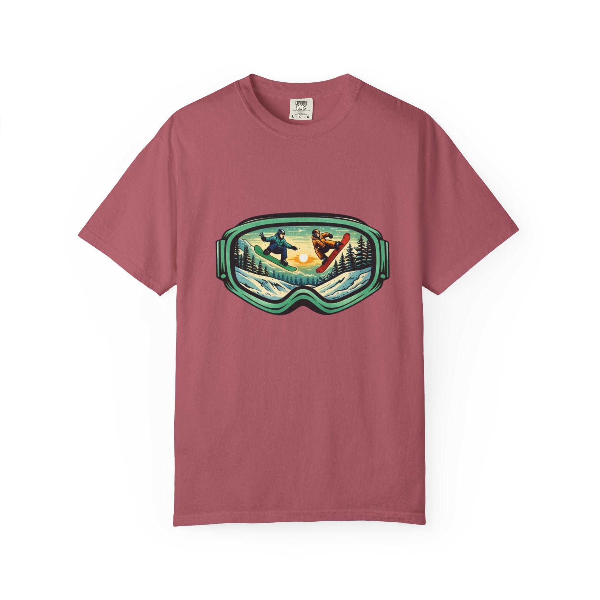 Snowboard Goggles Graphic T-Shirt | Mountain Scene with Ride the Ridge Design
