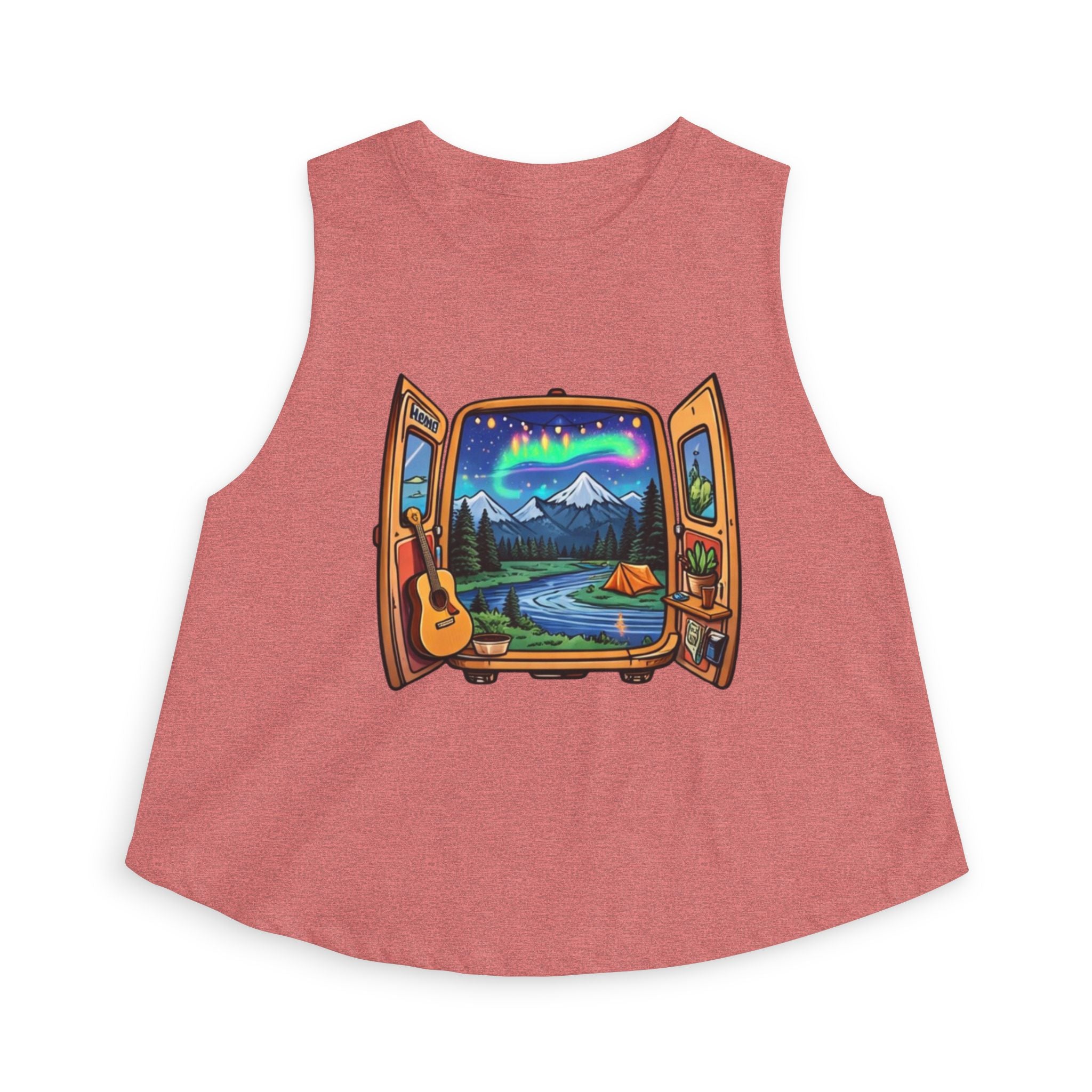 Adventure Window Crop Top | Mountain Camping, Aurora & Guitar Graphic