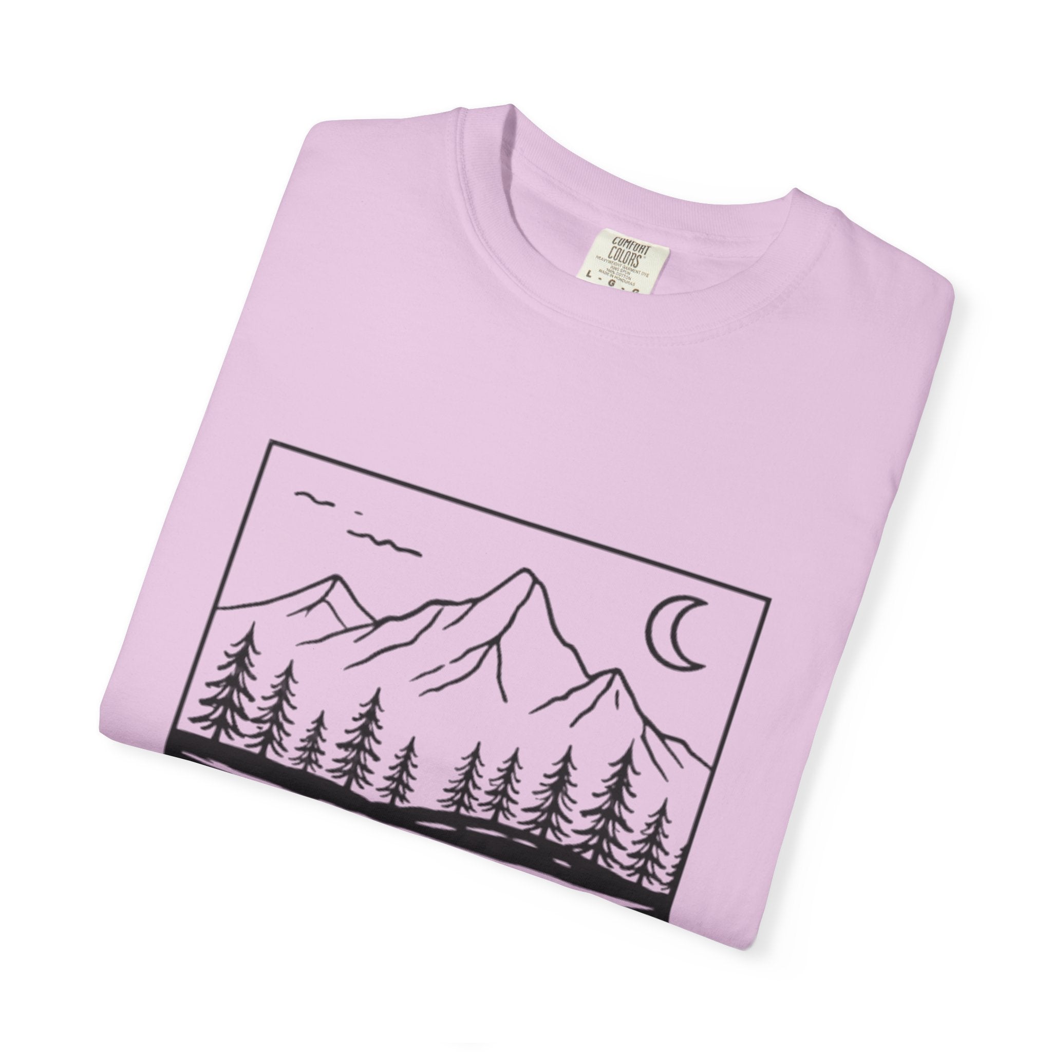 Mountain Lake T-Shirt | Minimal Nightscape with Pine Trees & Crescent Moon