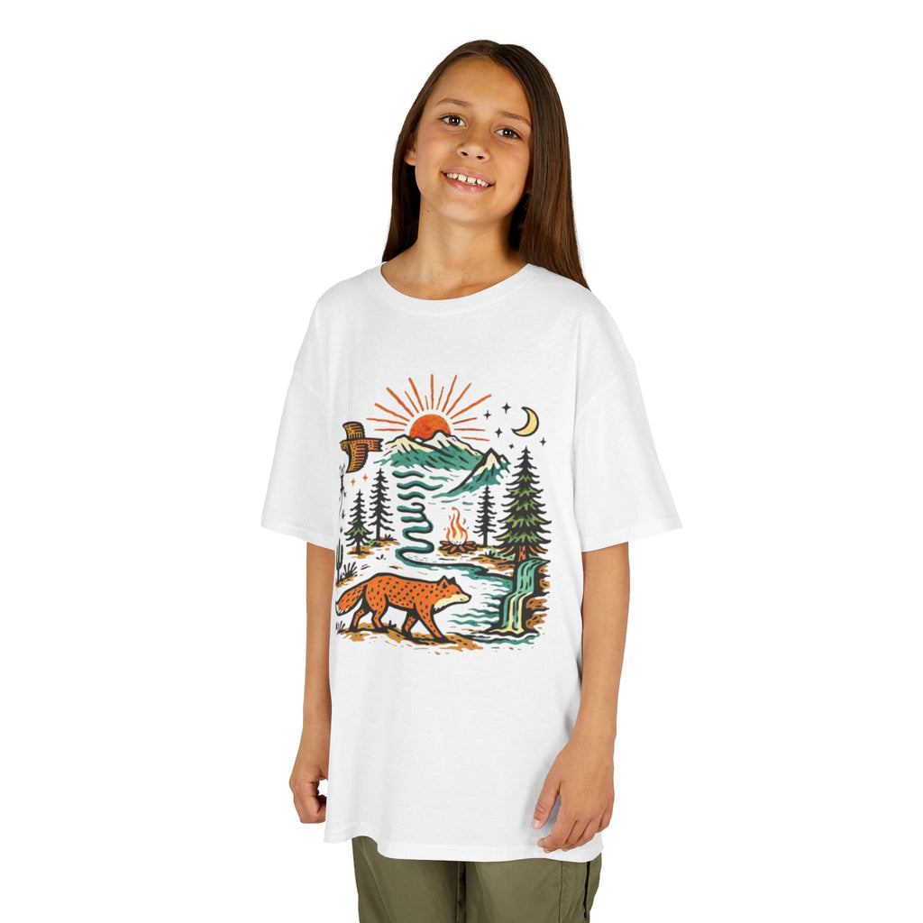 Kids T-Shirt | Retro Nature Scene with Fox Mountains & Sun | Adventure Outdoor Tee