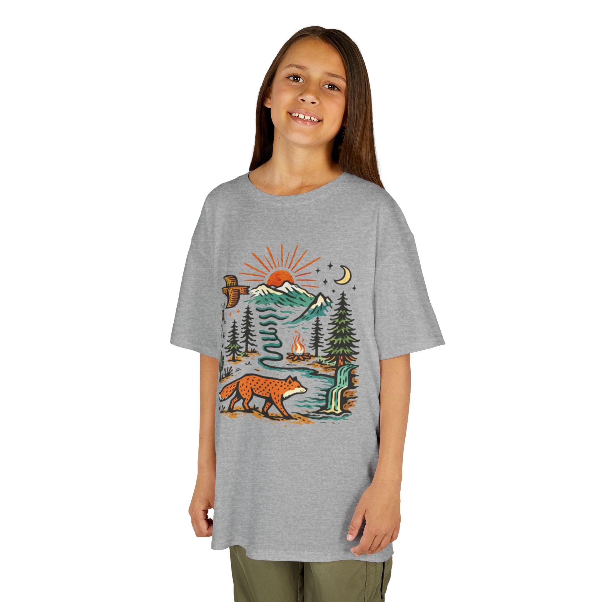 Kids T-Shirt | Retro Nature Scene with Fox Mountains & Sun | Adventure Outdoor Tee