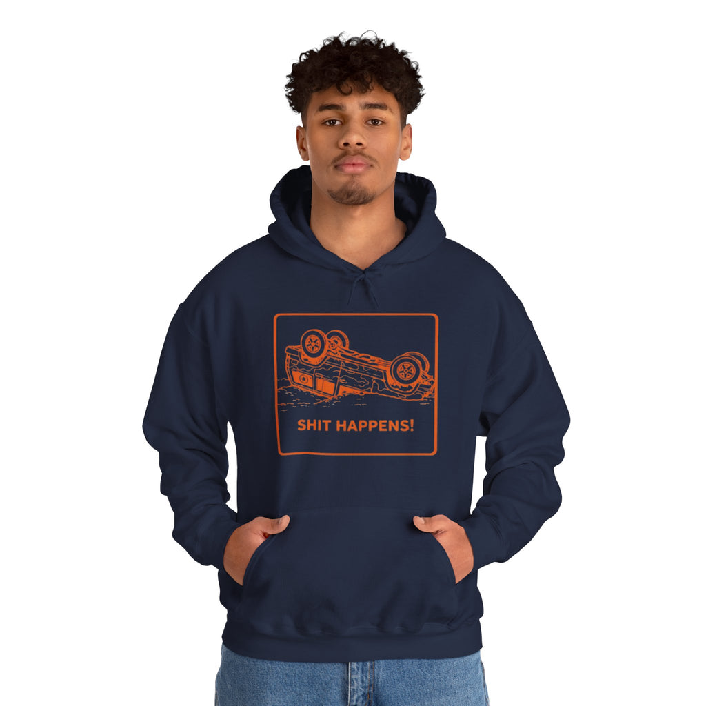 Hoodie | "Shit Happens" Upside-Down Car Graphic Comfort Hoodie
