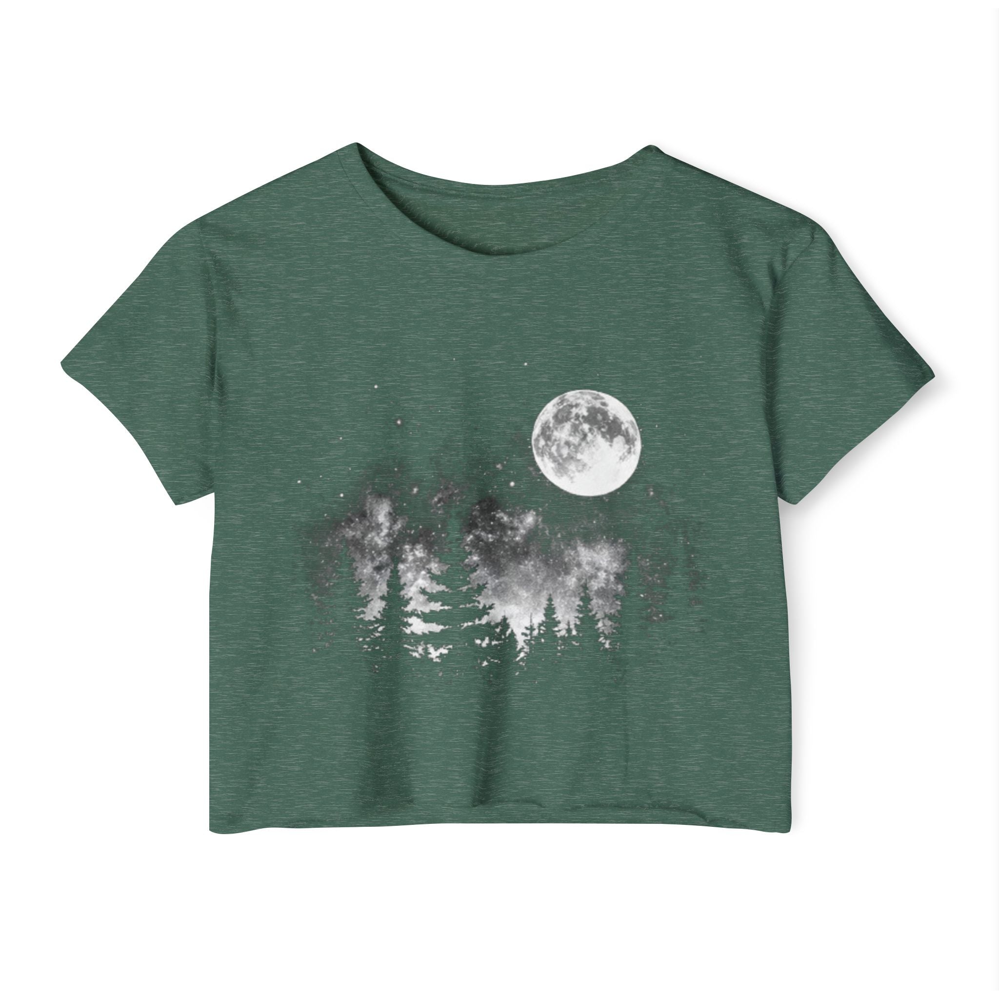 Moonlit Forest Crop Top | Women's Festival Moon & Pine Tree Graphic