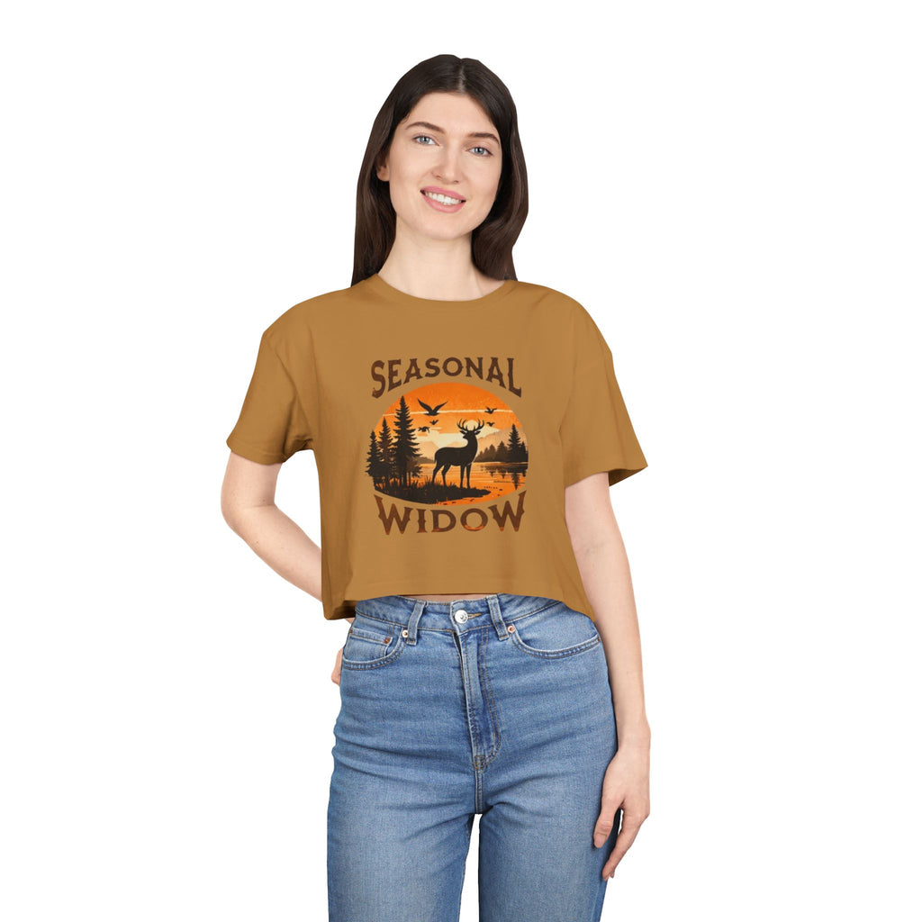 Seasonal Widow Crop Tee | Autumn Hunting Deer Sunset Graphic
