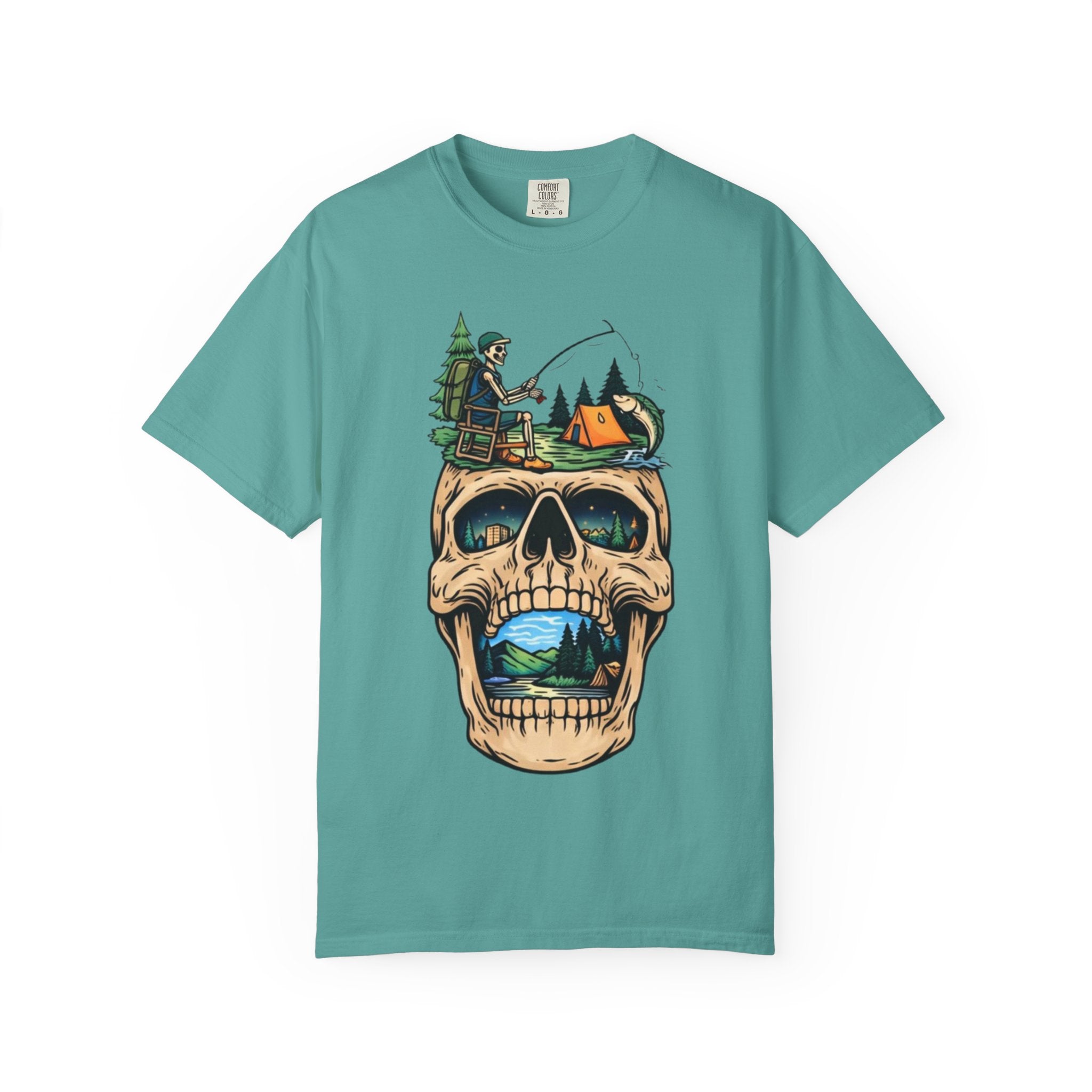 Skull Camping Scene T-shirt | Fishing, Tent, Forest Outdoor Graphic