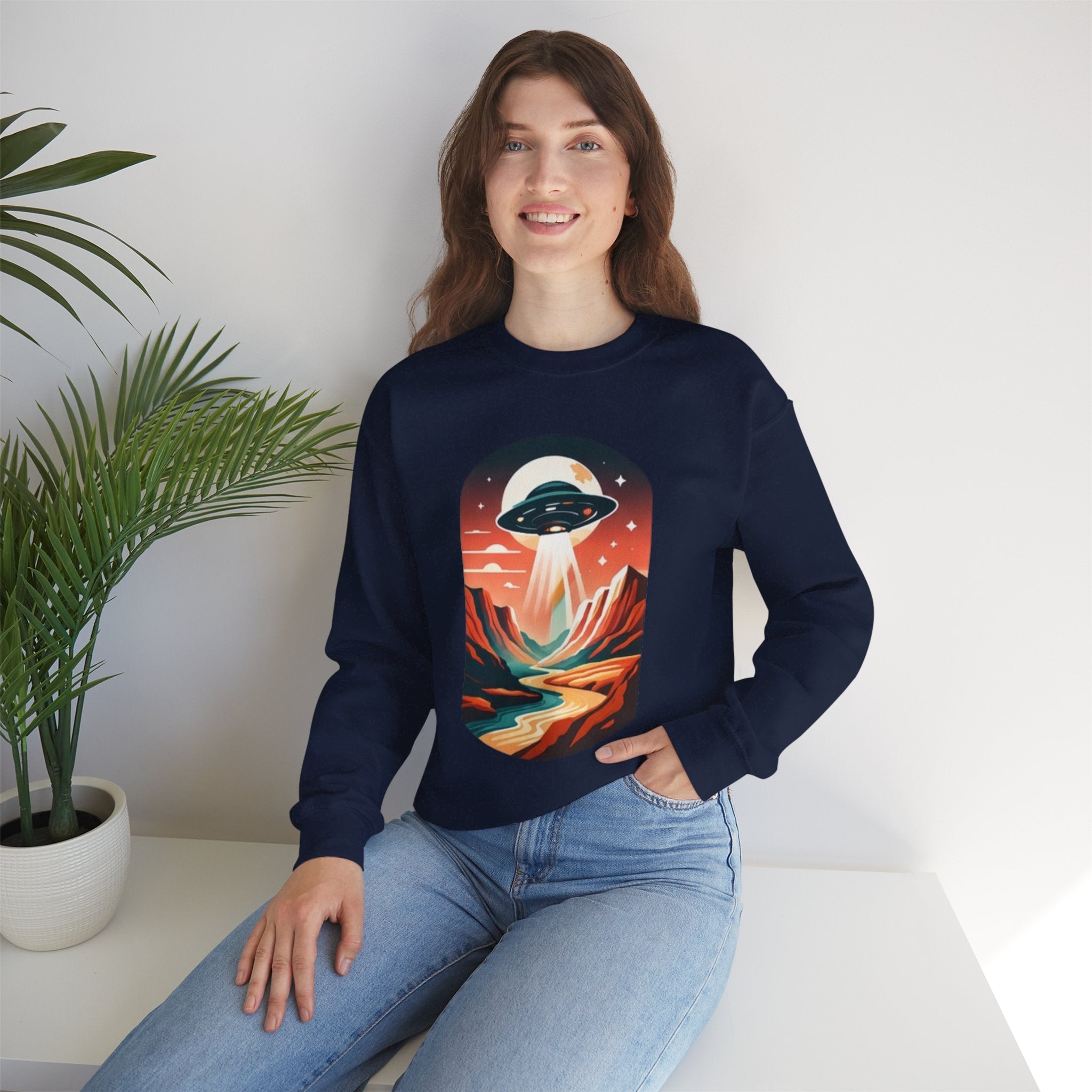 UFO Adventure Crewneck Sweatshirt | Retro Alien Abduction Mountain Graphic