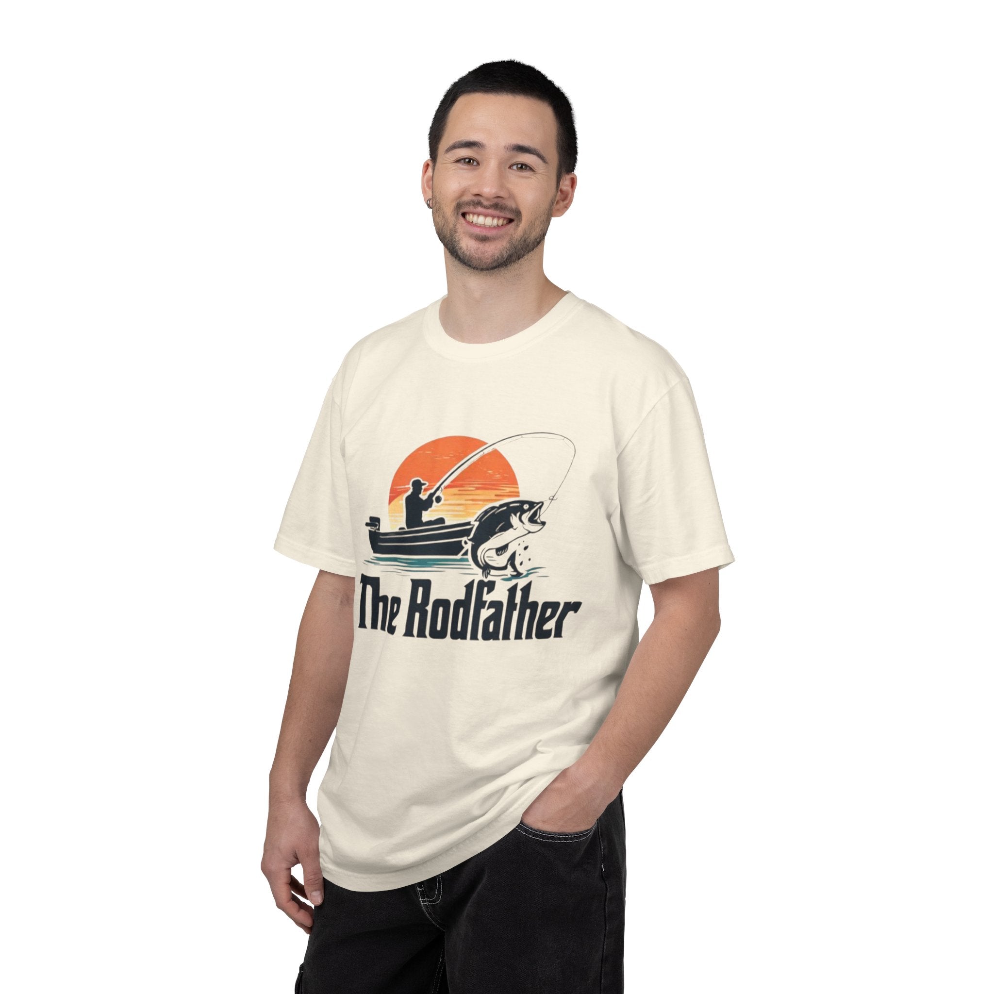 The Rodfather fishing silhouette T-Shirt | Bass boat sunset design