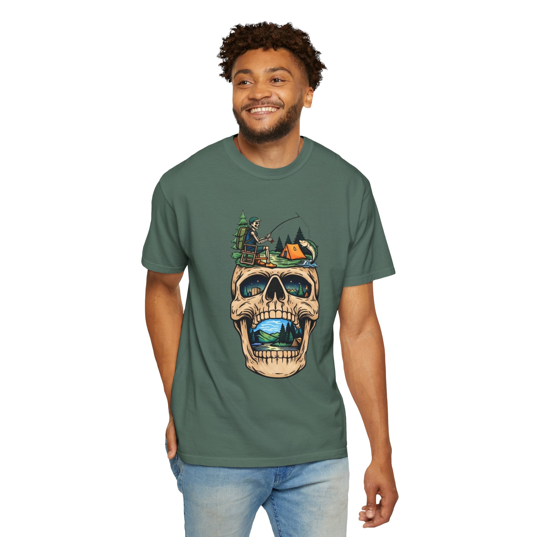 Skull Camping Scene T-shirt | Fishing Camper, Tent & Forest Graphic