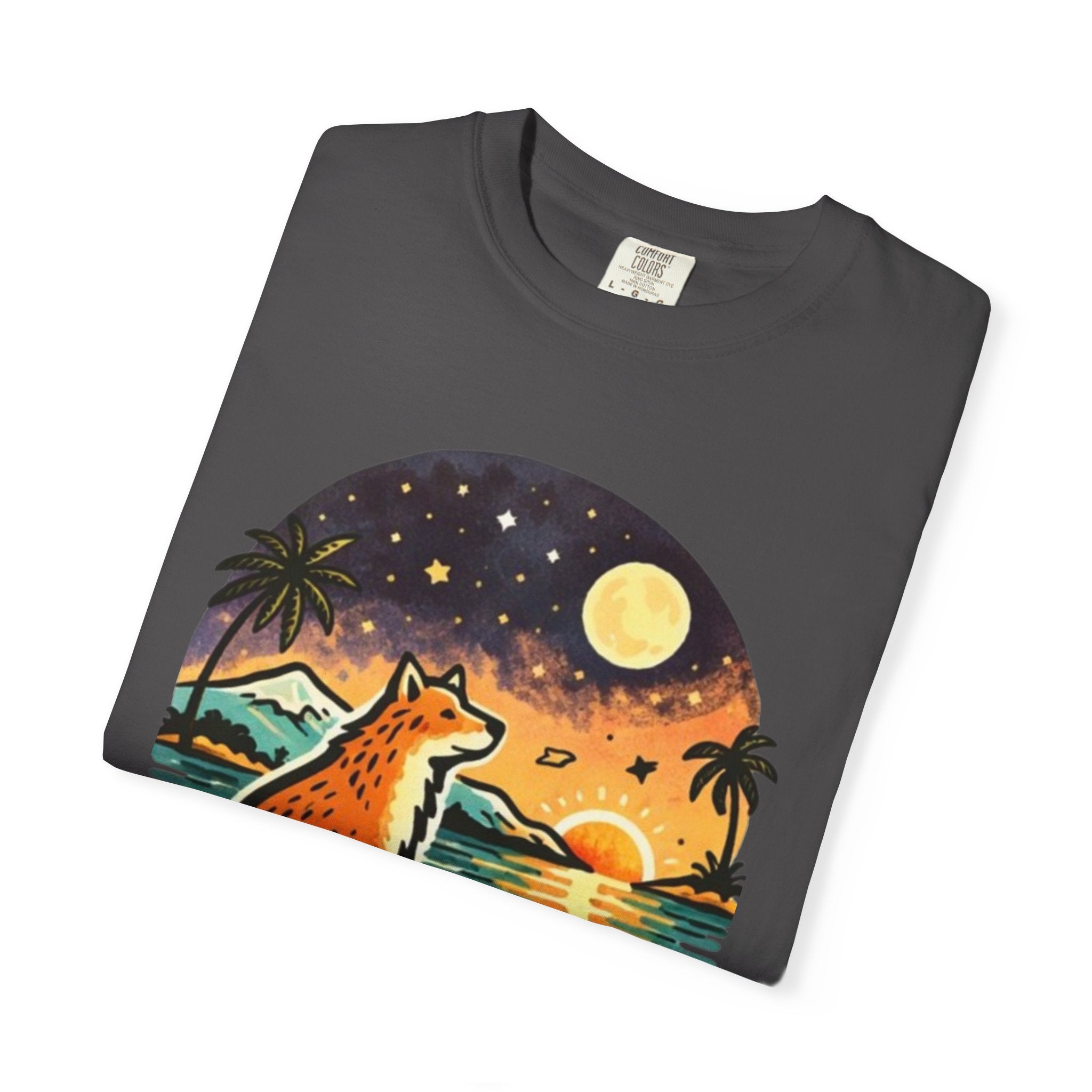 Fox Sunset T-Shirt - Beach Fox Graphic Tee with Skull, Moon & Palm Trees