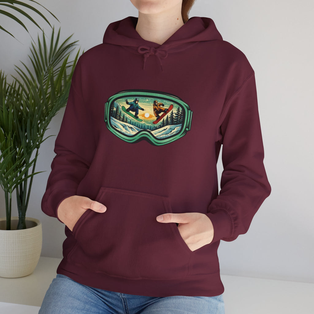 Snowboard Goggles Graphic Hoodie | Winter Mountain Sunset Scene