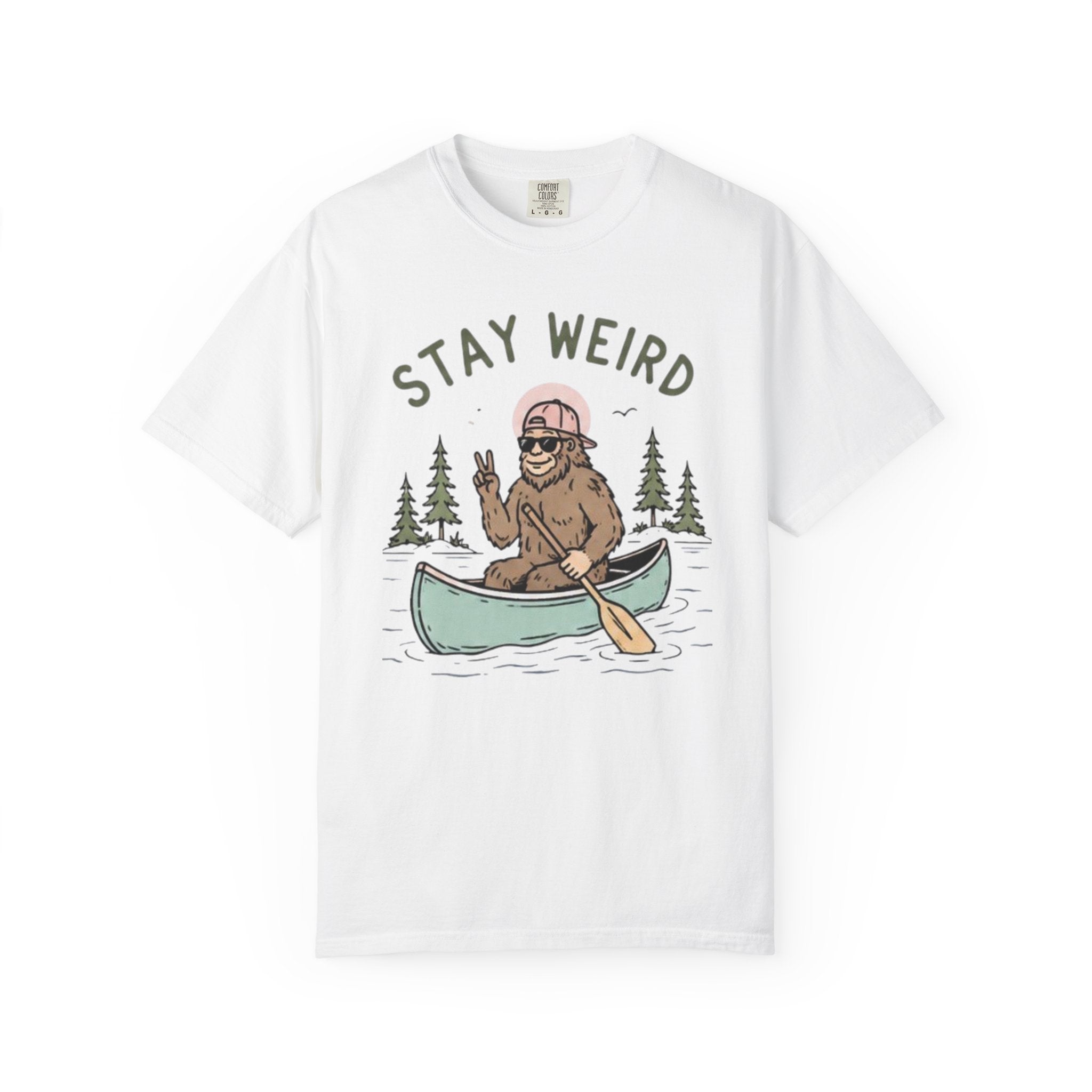 Stay Weird Canoe T-Shirt | Funny Bigfoot Paddling Outdoors Graphic Tee