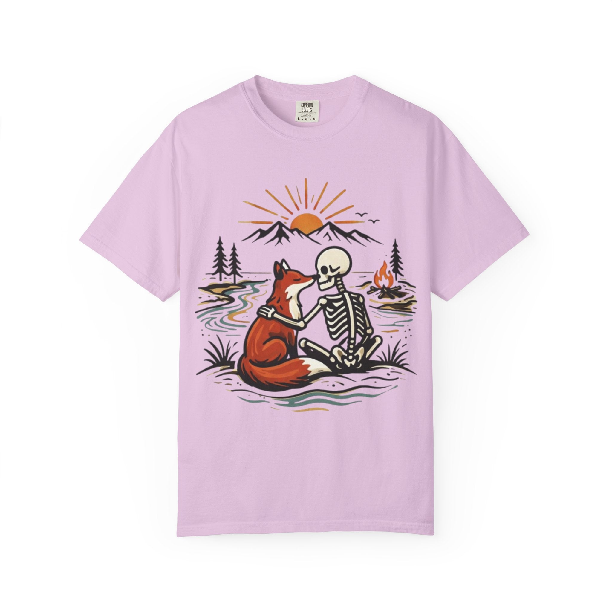 Skeleton & Fox Tee Retro Campfire Nature Graphic T-Shirt