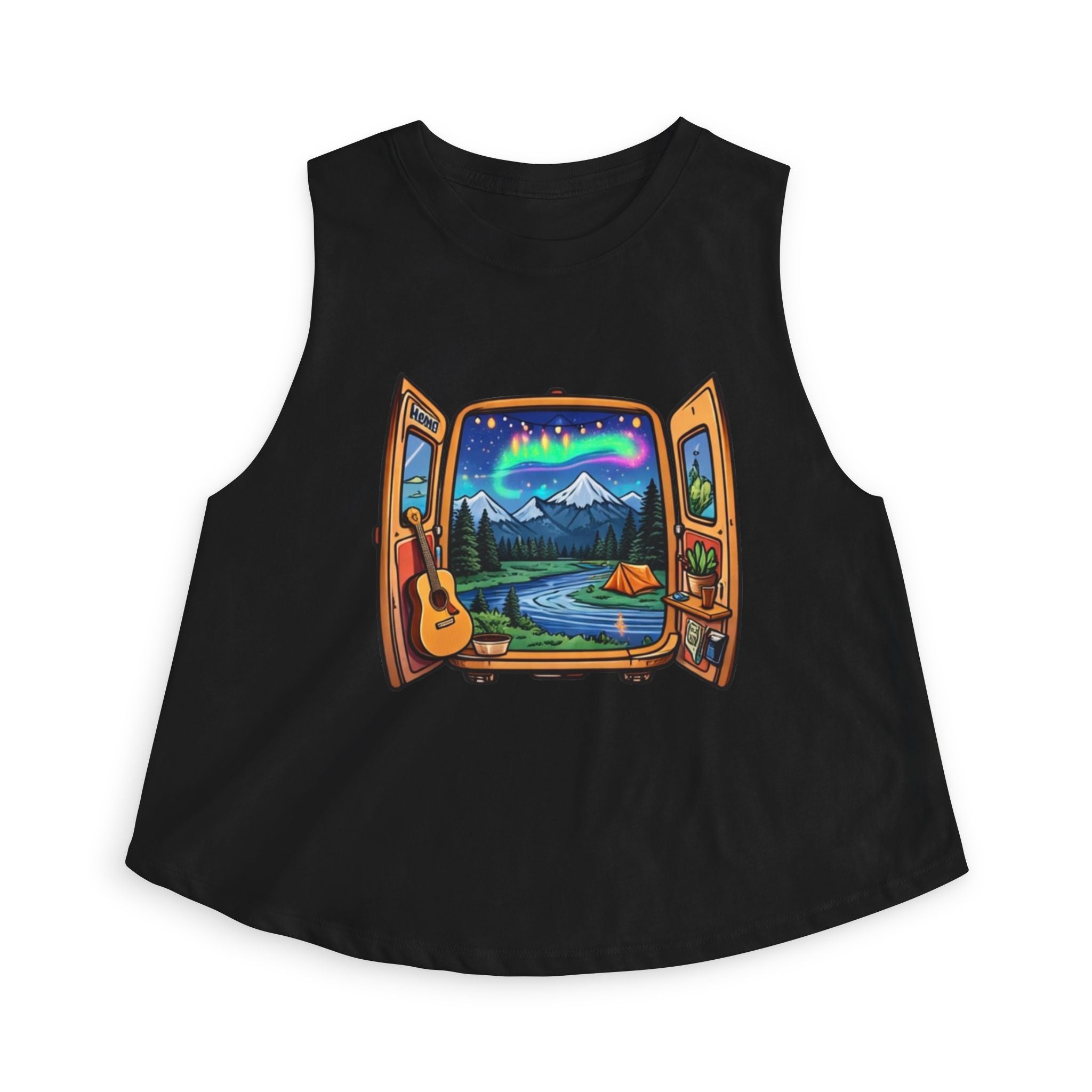 Adventure Window Crop Top | Mountain Camping, Aurora & Guitar Graphic