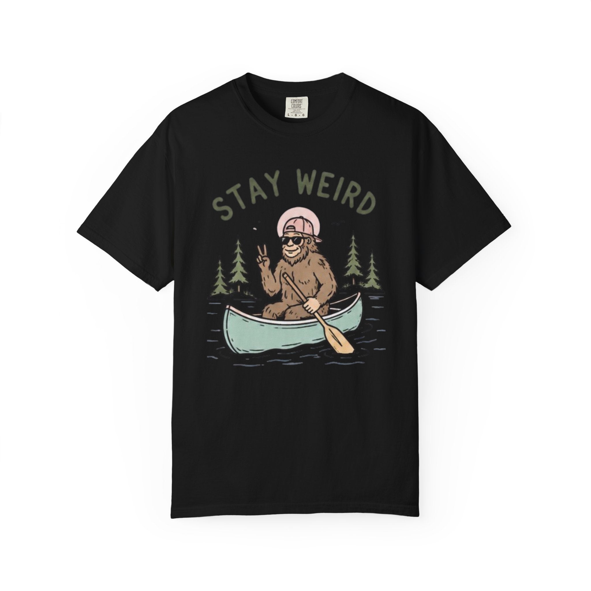 Stay Weird Canoe T-Shirt | Funny Bigfoot Paddling Outdoors Graphic Tee