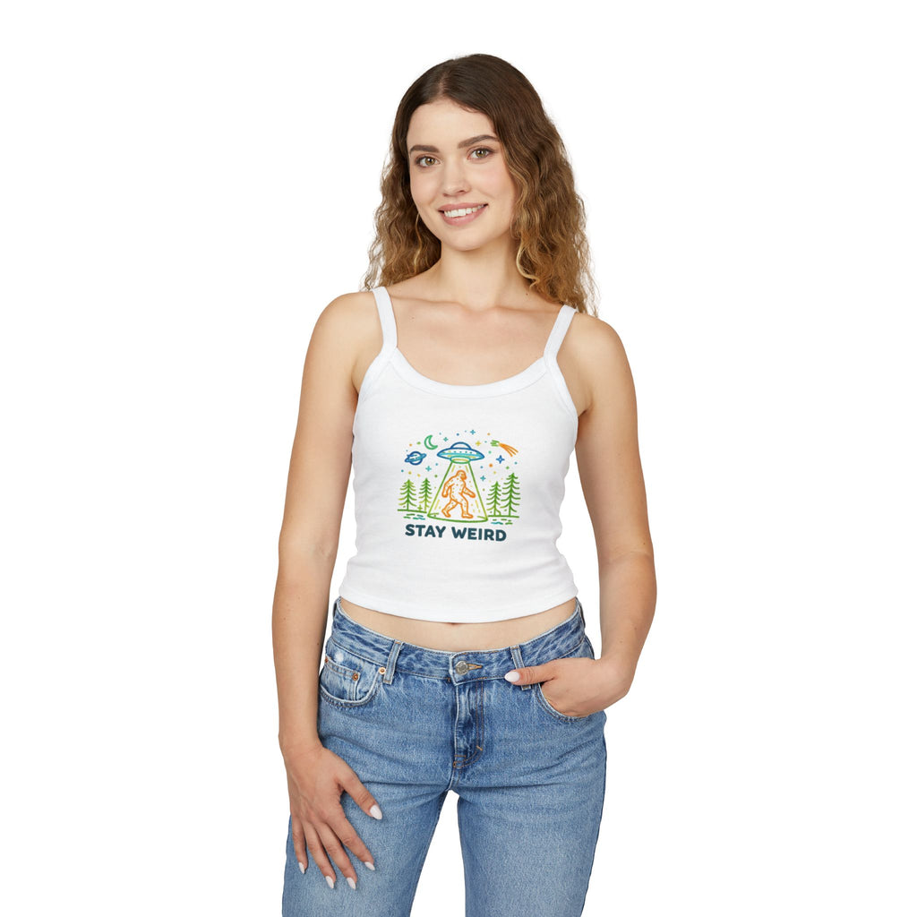 Spaghetti Tank | "Stay Weird" Alien Abduction Graphic Crop Top