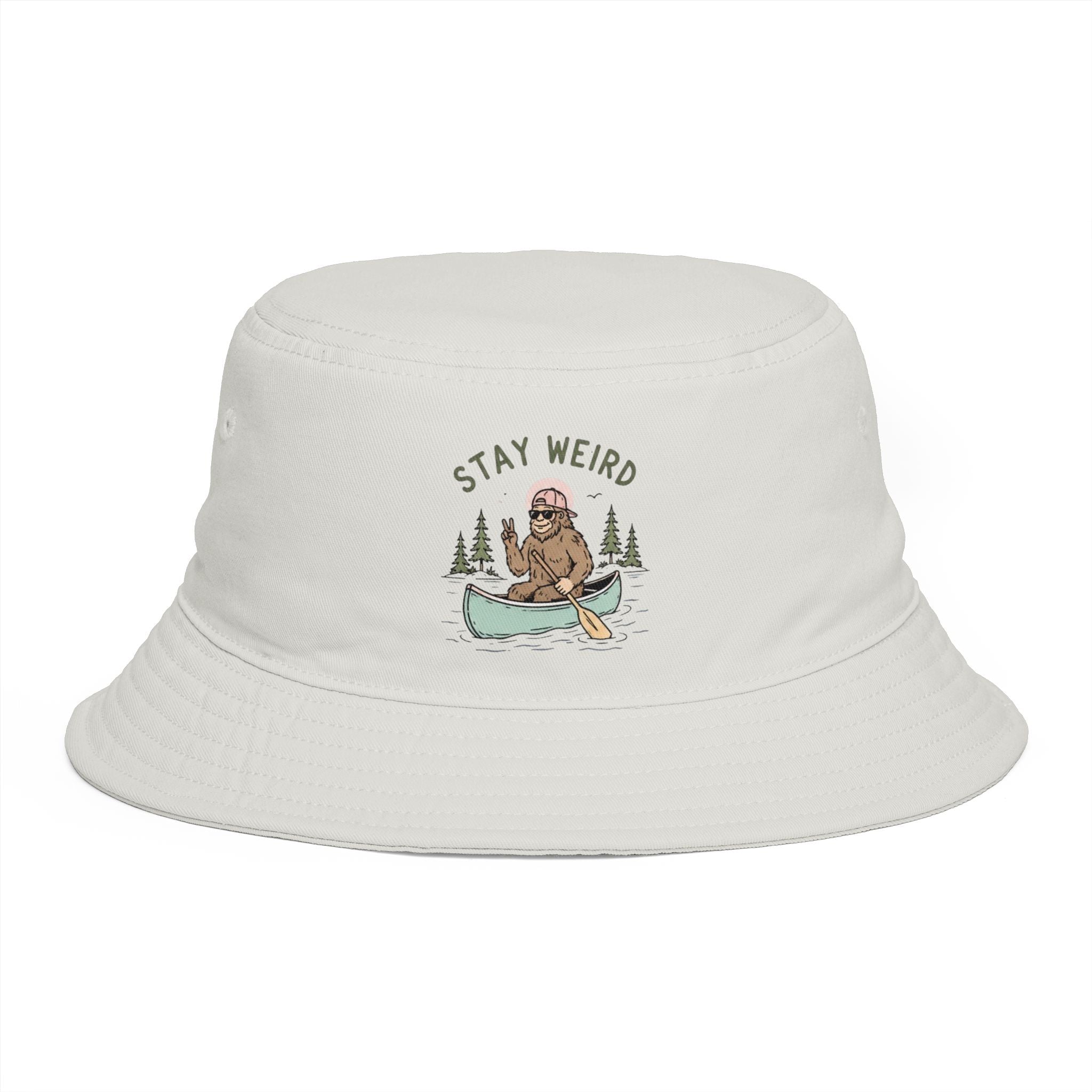 Stay Weird Bucket Hat — Cute Sasquatch Canoe Graphic, Outdoor Adventure Cap