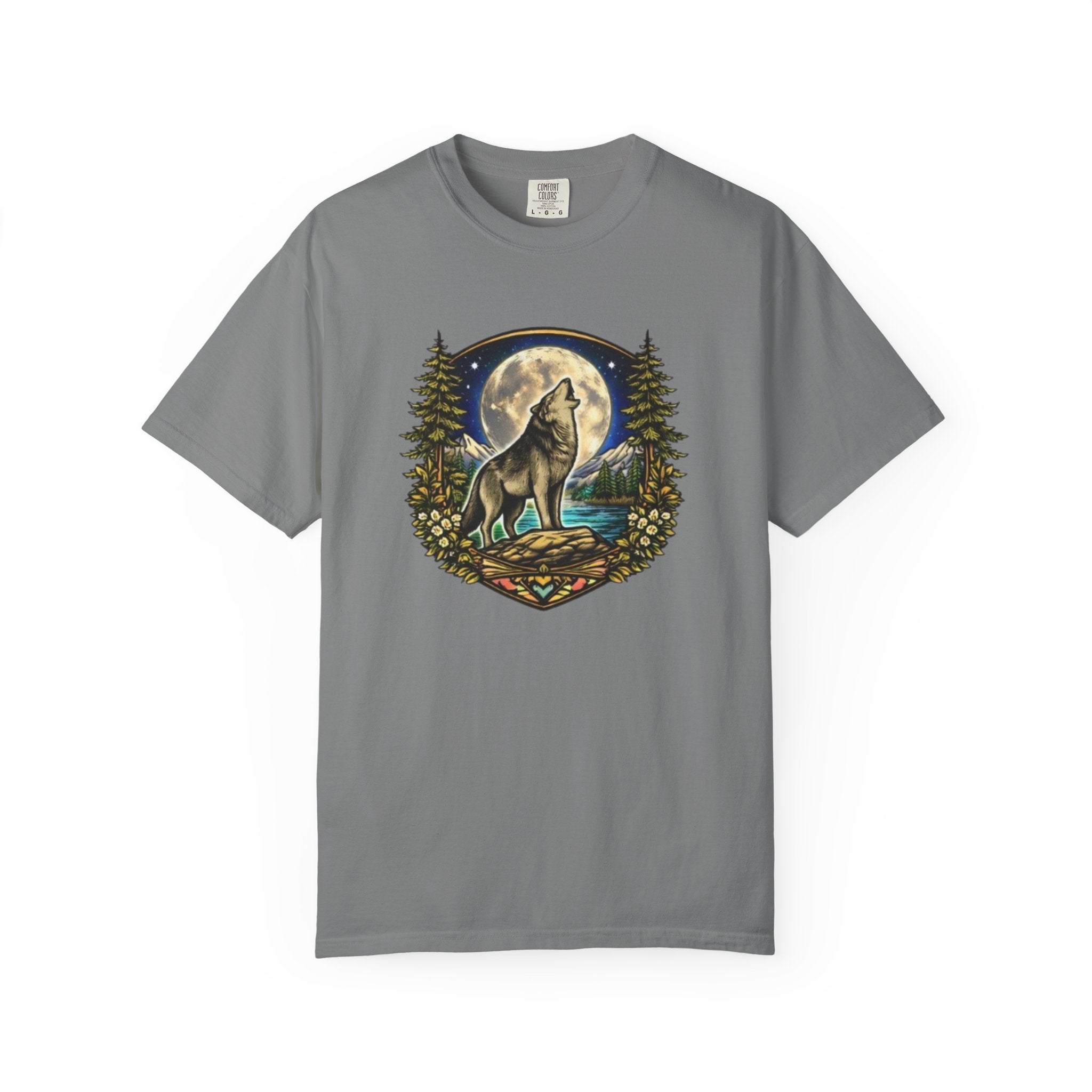 Wolf Howling at Full Moon T-Shirt | Forest Tree Border Graphic