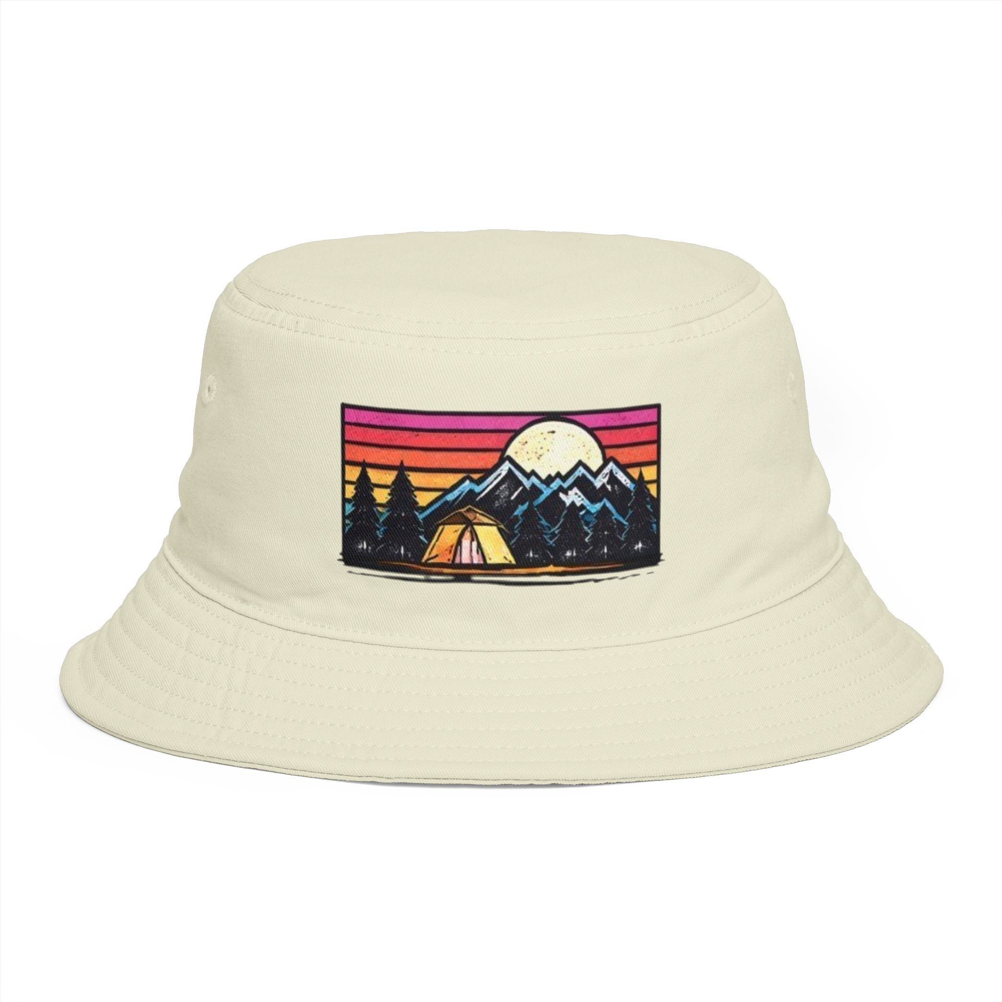 Retro Mountain Camping Bucket Hat | Sunset Tent Patch Outdoor Travel Cap