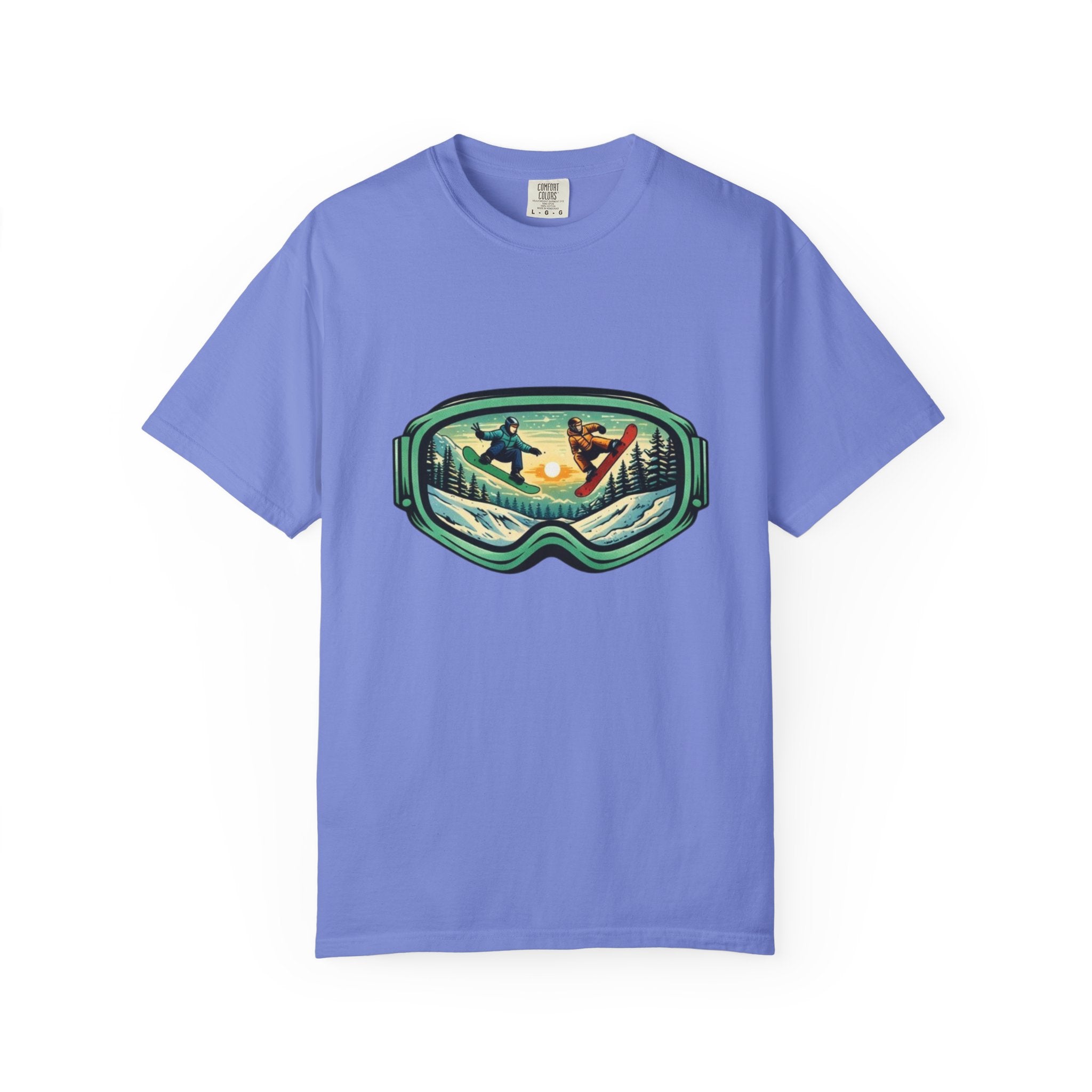 Snowboard Goggles Graphic T-Shirt | Mountain Scene with Ride the Ridge Design