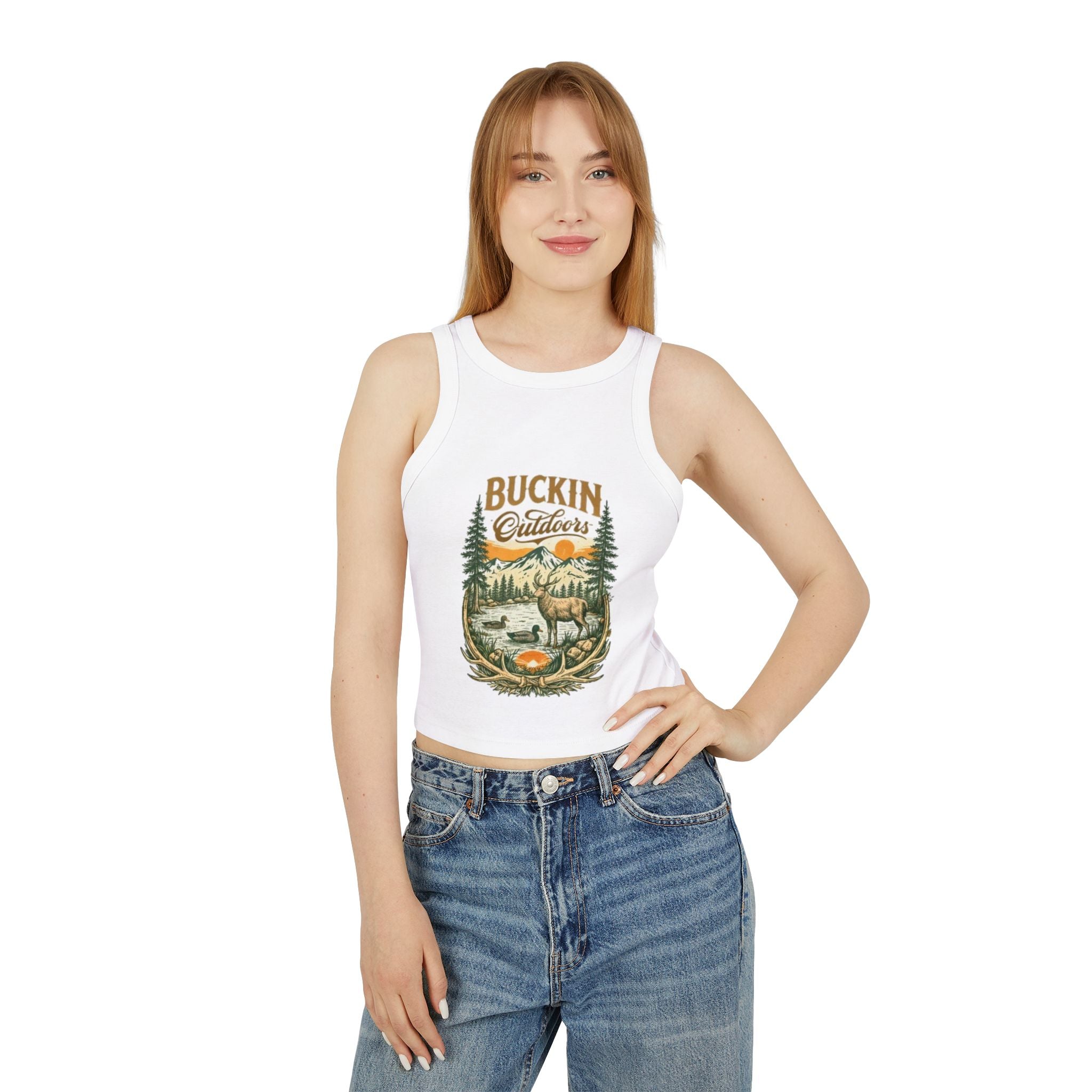 Buckin Outdoors Racer Tank | Womens Crop Tank Top with Vintage Elk Camping Design