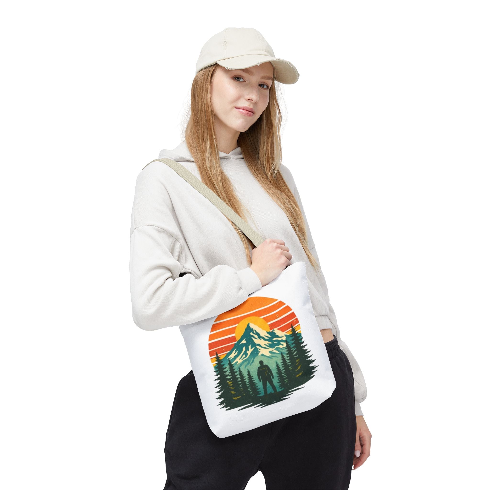 Retro Hiking Mountainscape Sunset Tote Bag