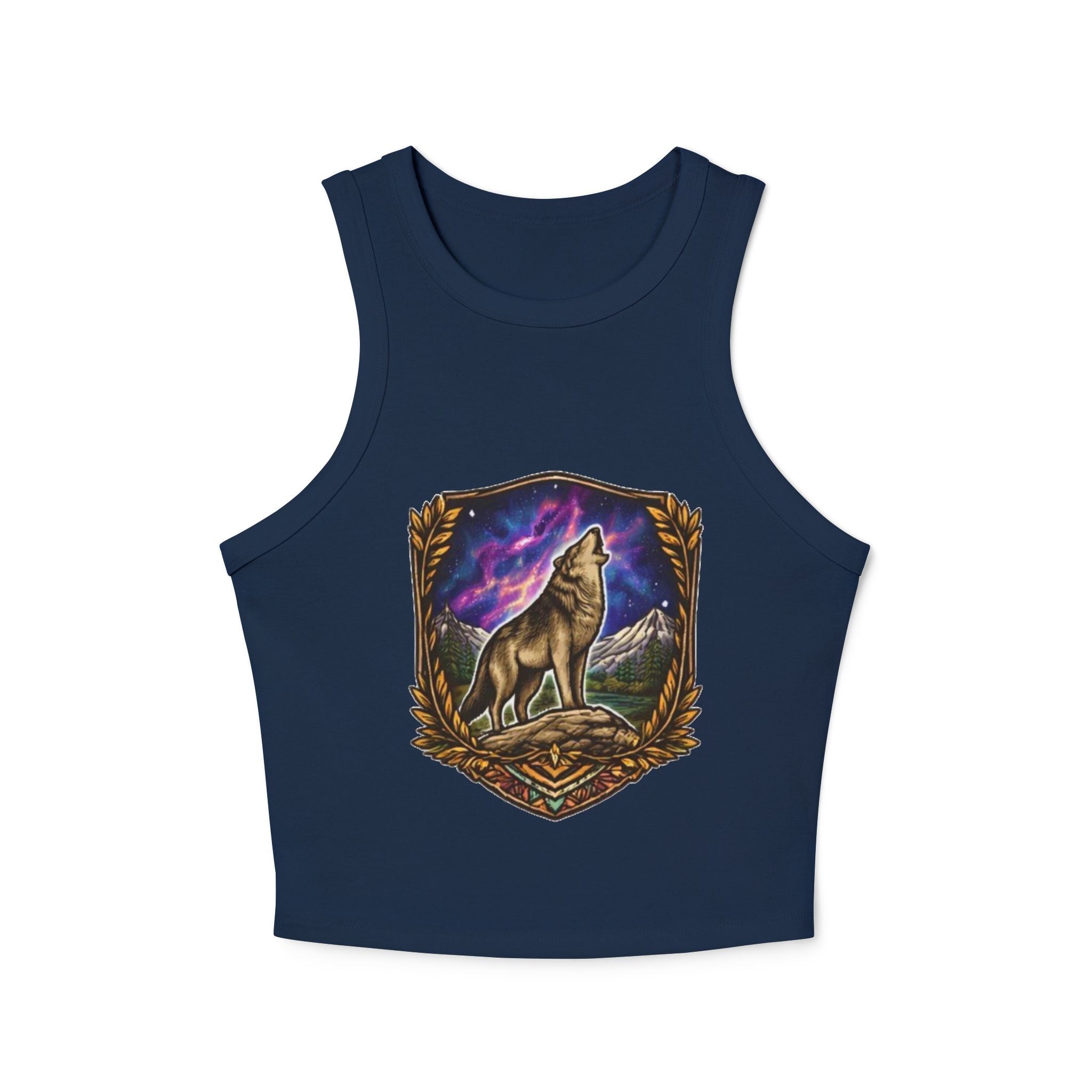 Wolf Crest Racer Tank Top | Northern Lights Graphic Crop Tank