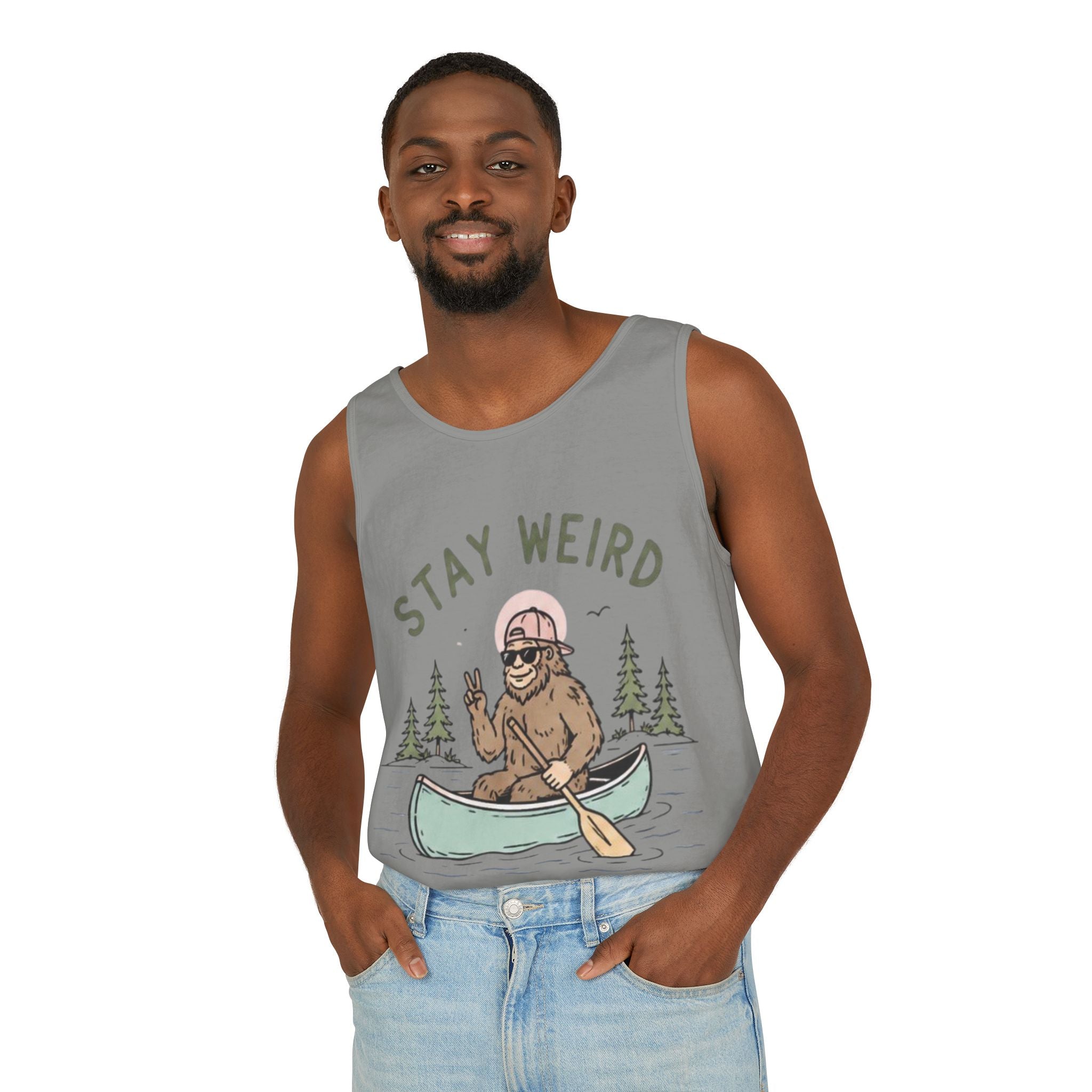 Stay Weird Bigfoot Tank Top | Funny Sasquatch Canoe Graphic Tank
