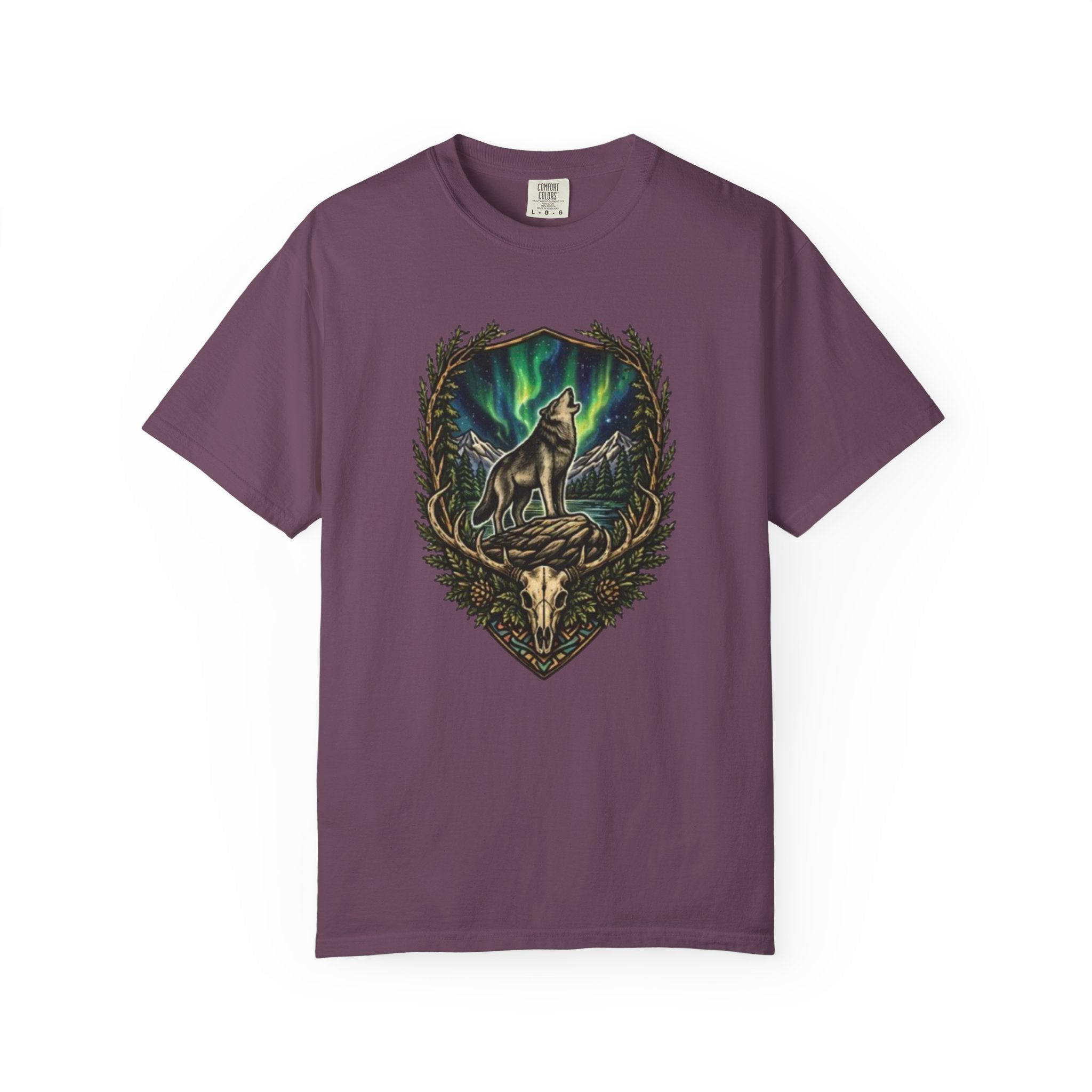 Deer Skull and Wolf Howling T-Shirt | Northern Lights Nature Graphic Tee