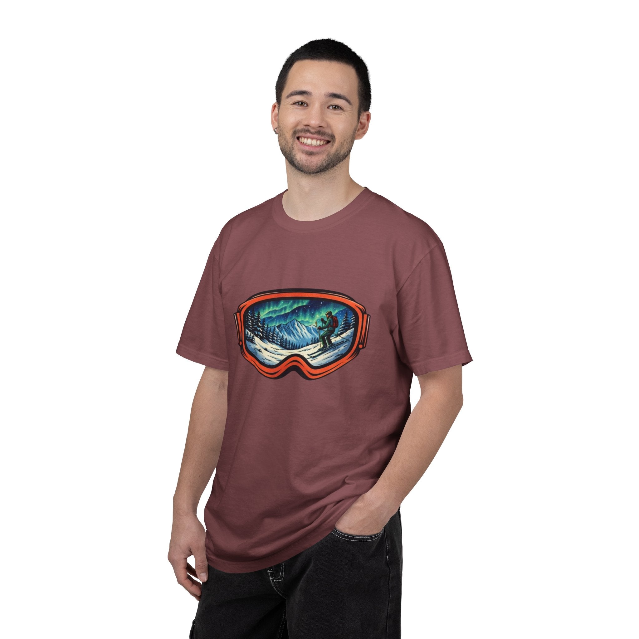 Northern Lights Ski Goggles T-Shirt | Aurora Skiing Landscape Design