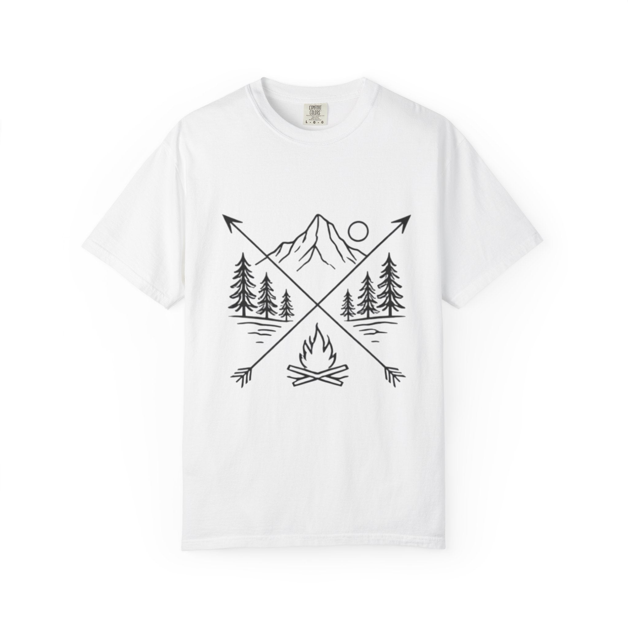 Campfire Mountain T-Shirt | Outdoor Adventure Tee with Arrows & Pines
