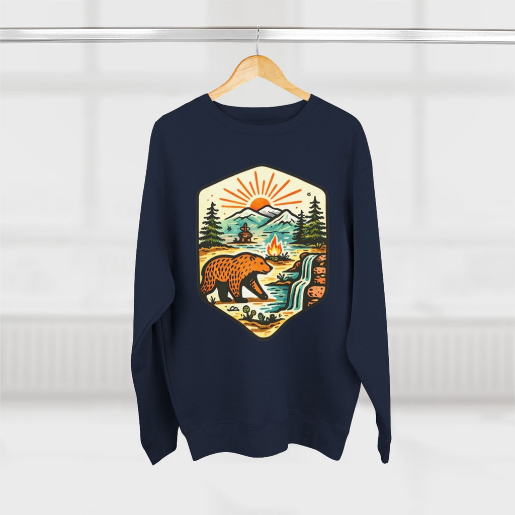 Bear Wilderness Crewneck Sweatshirt | Scenic Campfire Mountain Patch Design