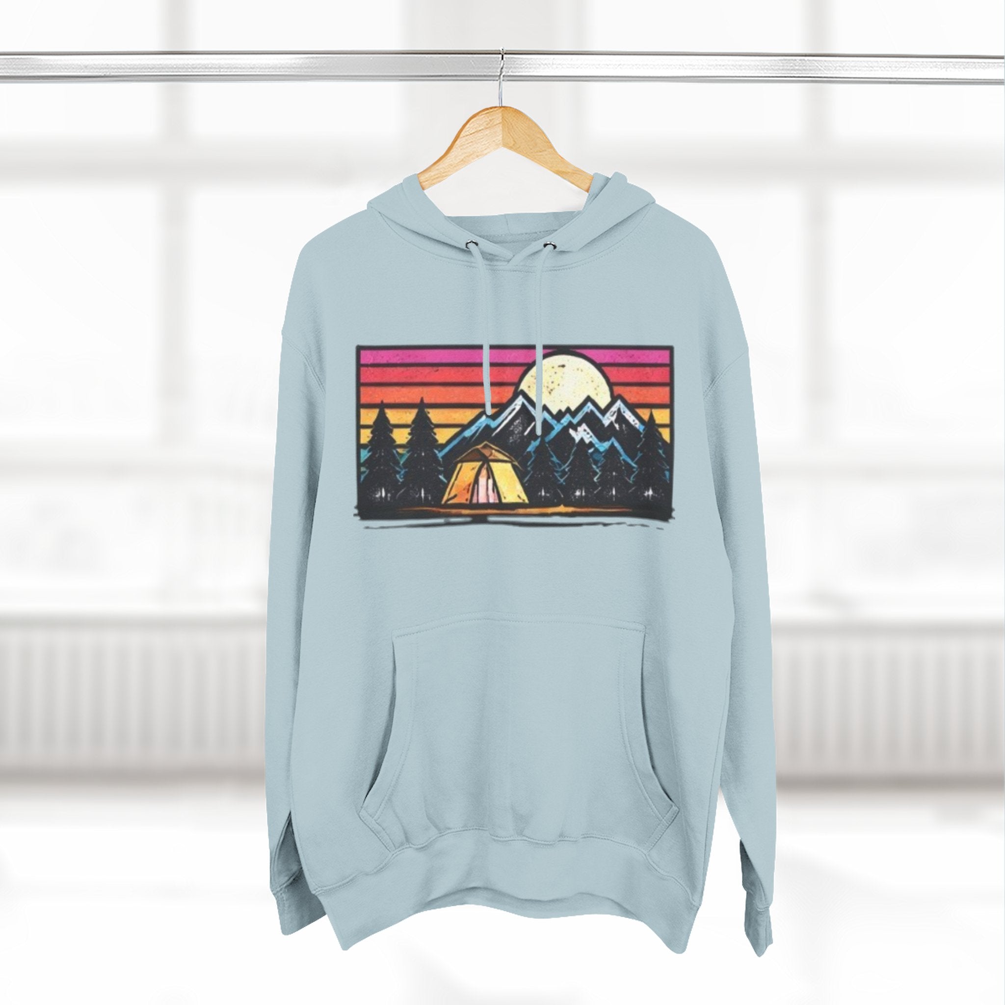 Retro Mountain Camping Hoodie — Sunrise Tent Graphic Fleece Hoodie
