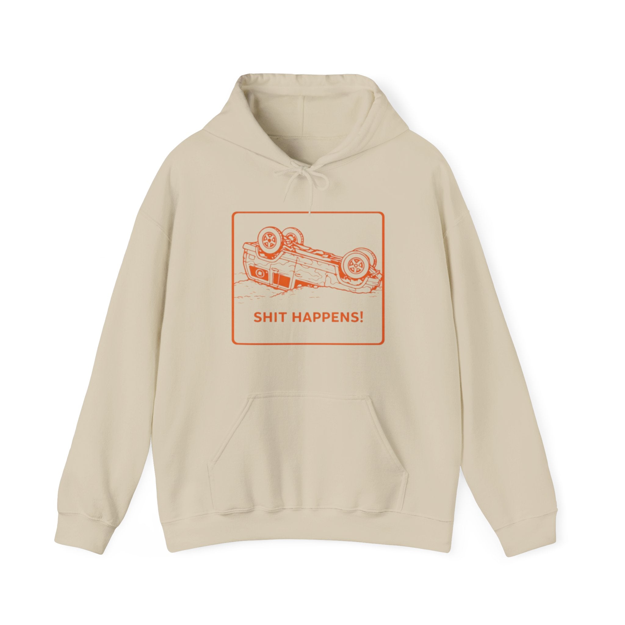Hoodie | "Shit Happens" Upside-Down Car Graphic Comfort Hoodie
