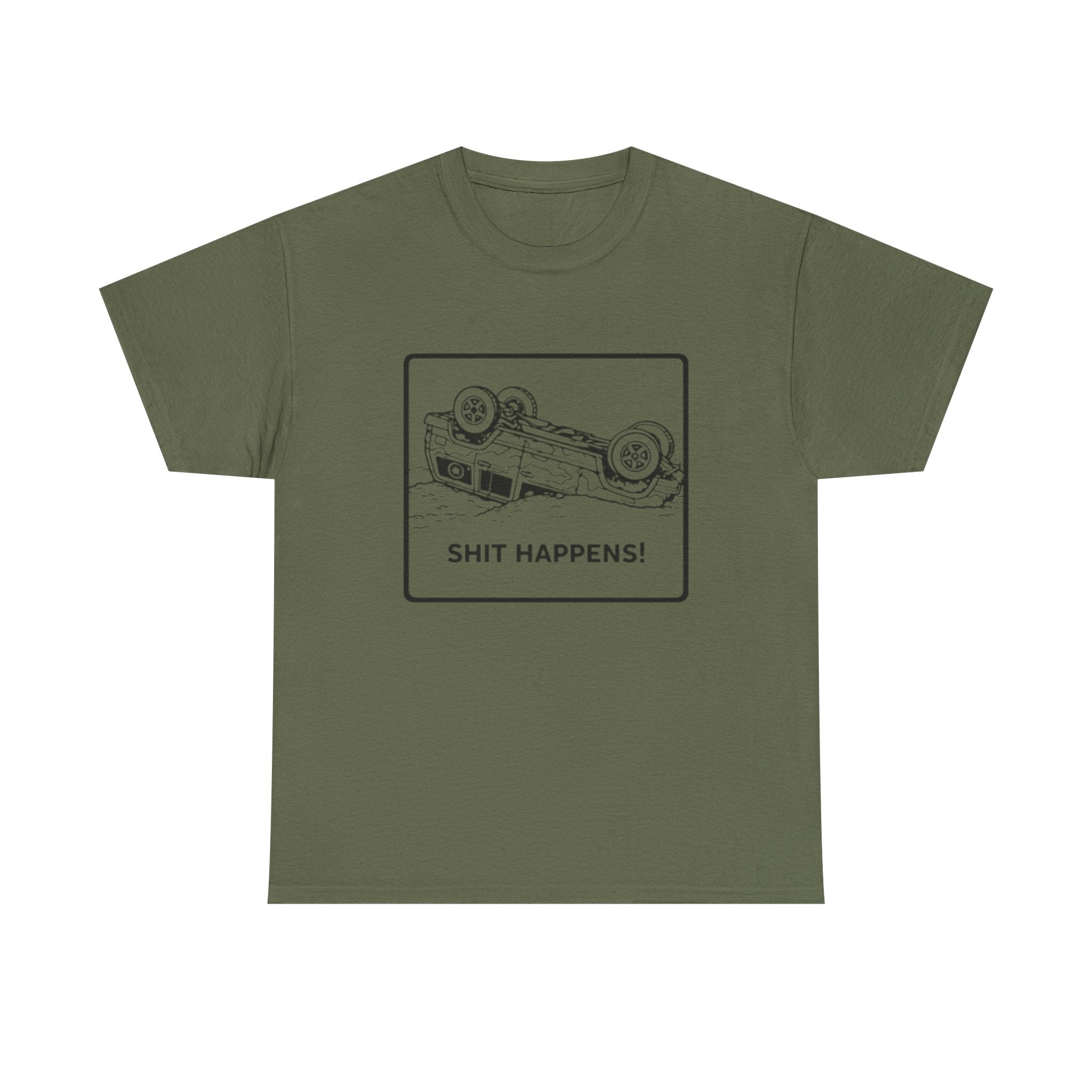Graphic Tee | Upside-Down Car "Shit Happens!" Vintage Sketch T-Shirt