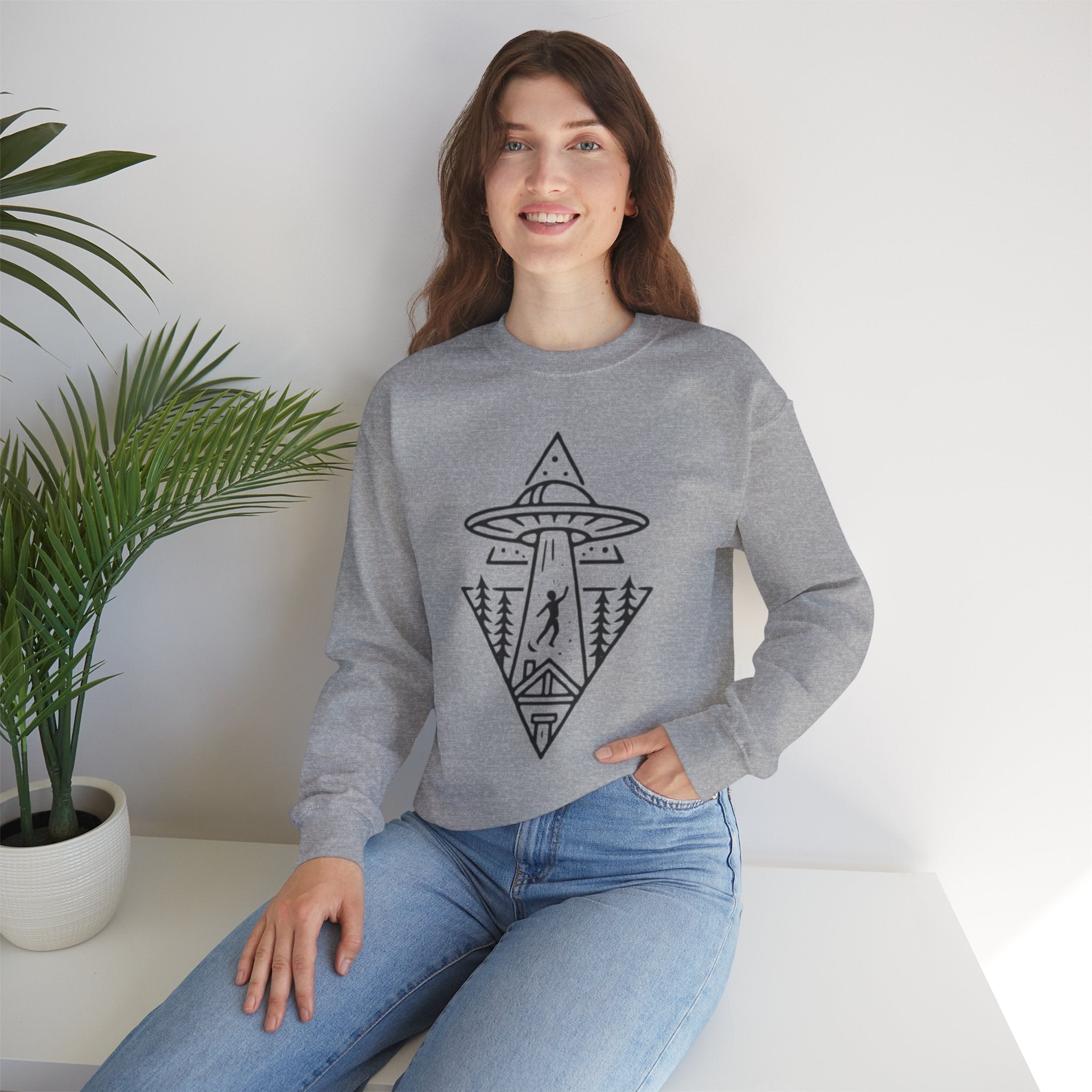 Alien Abduction Crewneck Sweatshirt | Geometric UFO Forest Design