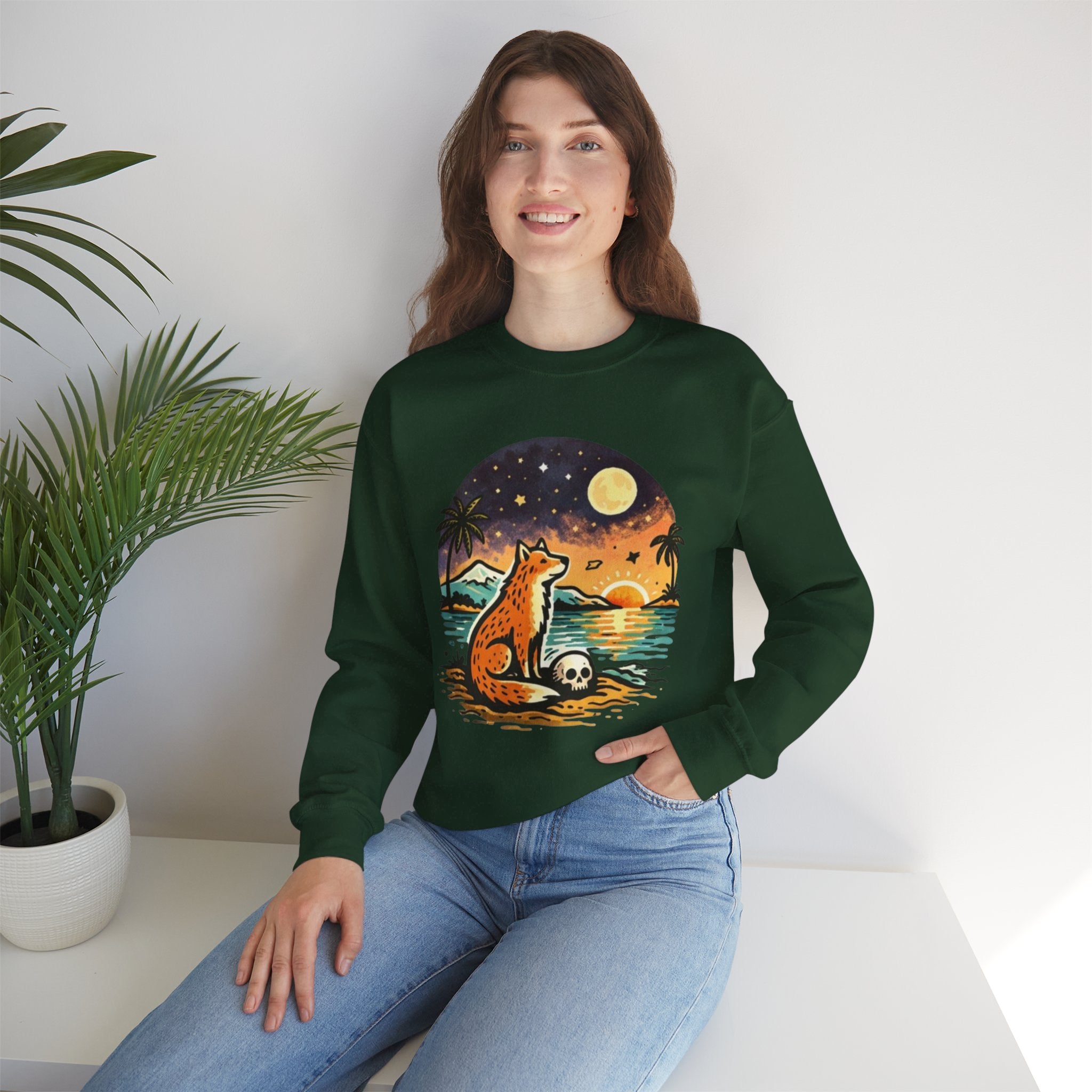 Crewneck Sweatshirt | Sunset Fox Beach Scene Graphic
