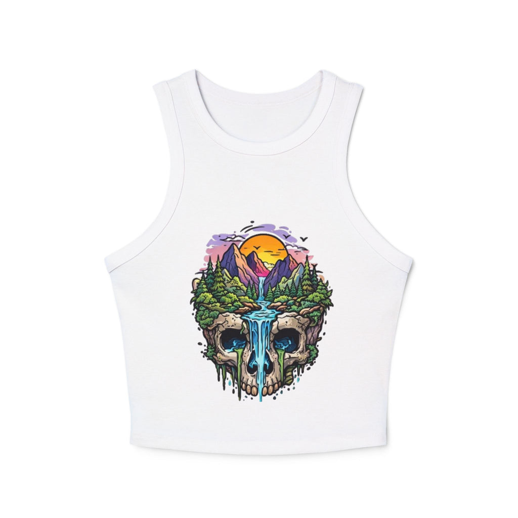 Womens Skull Landscape Racer Tank Top | Waterfall Skull Nature Graphic Crop