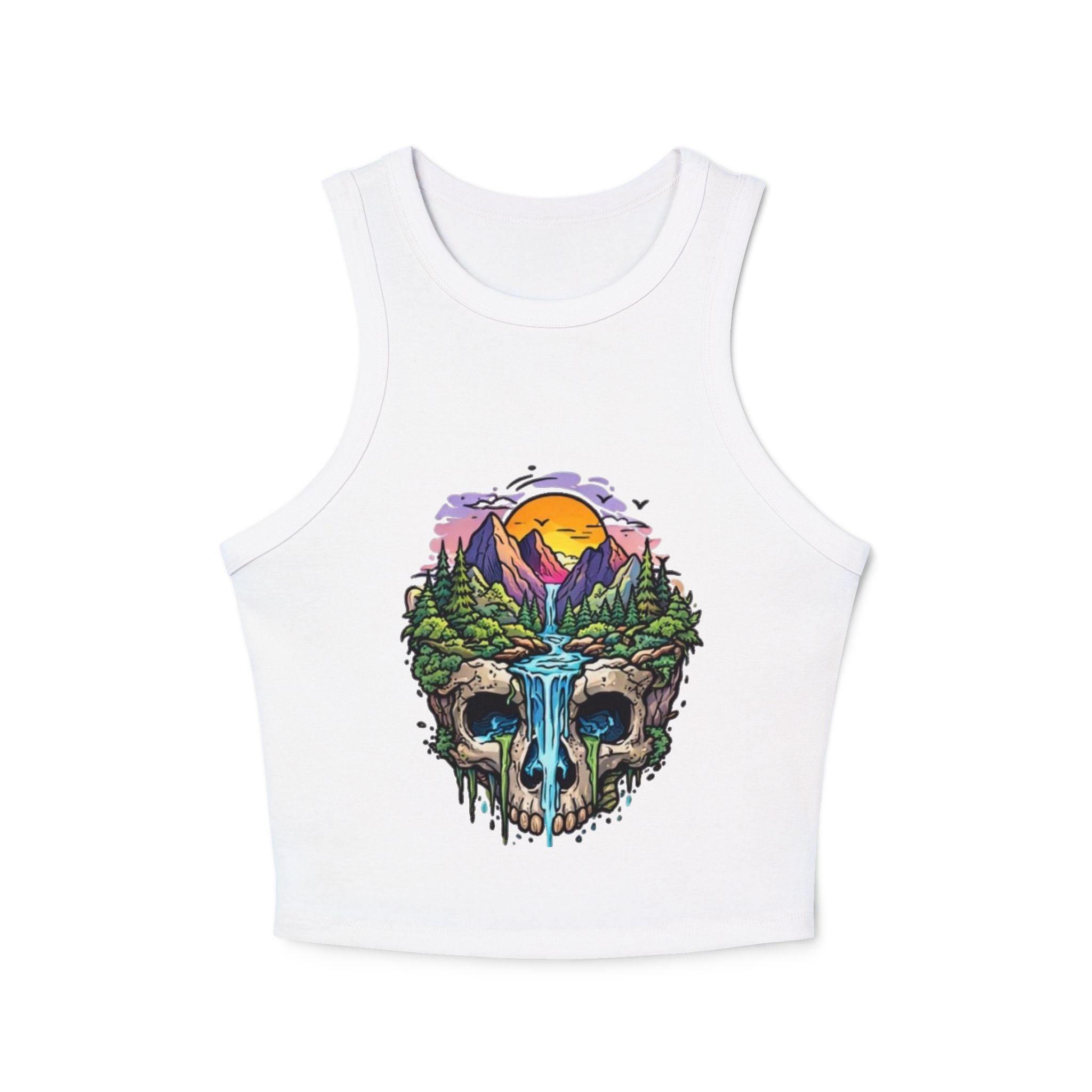 Womens Skull Landscape Racer Tank Top | Waterfall Skull Nature Graphic Crop
